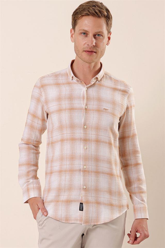 Bej DMT Yaka Uzun Kol Cepsiz Slim Fit Classic Pamuklu Gömlek 1004230176