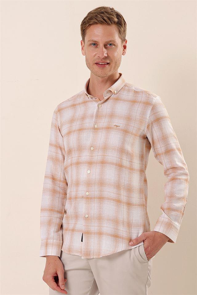 Bej DMT Yaka Uzun Kol Cepsiz Slim Fit Classic Pamuklu Gömlek 1004230176