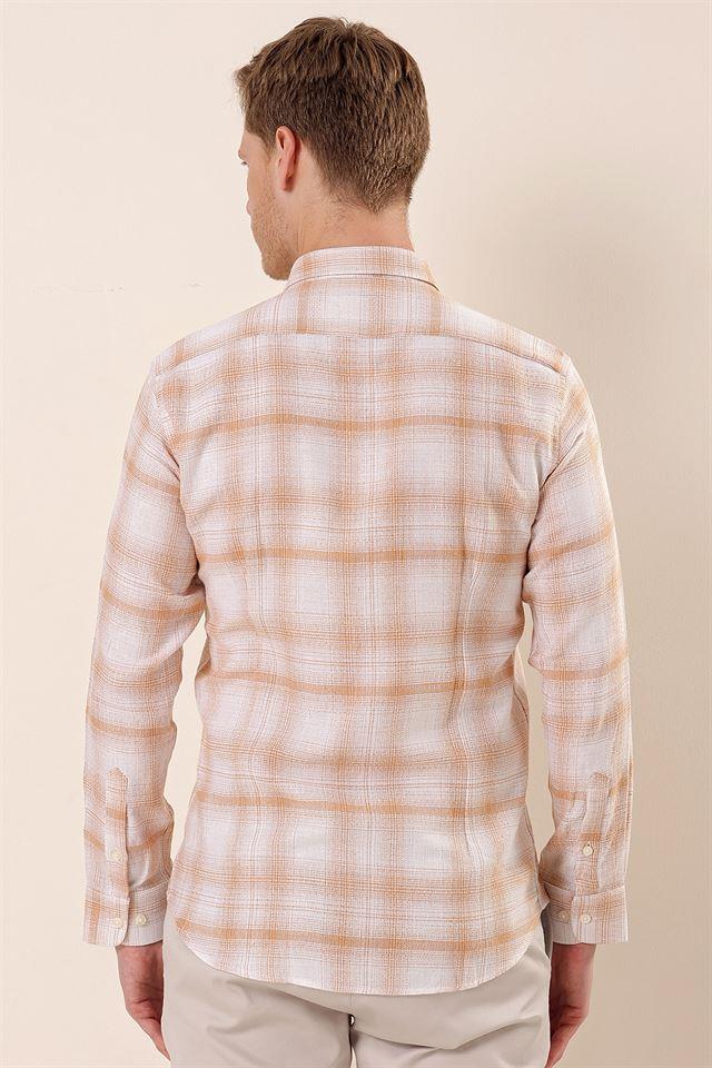 Bej DMT Yaka Uzun Kol Cepsiz Slim Fit Classic Pamuklu Gömlek 1004230176
