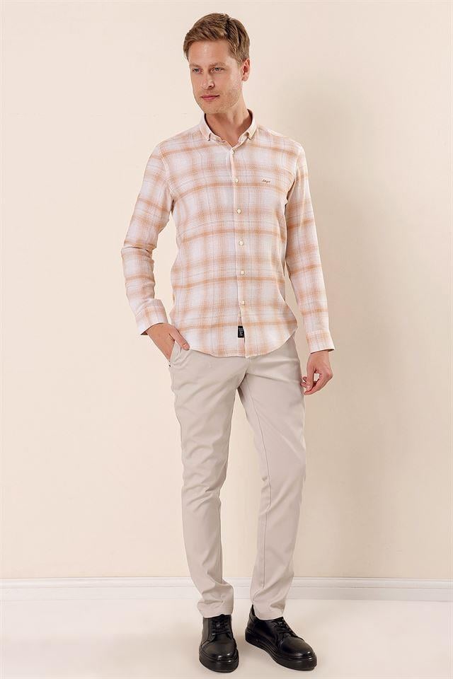 Bej DMT Yaka Uzun Kol Cepsiz Slim Fit Classic Pamuklu Gömlek 1004230176