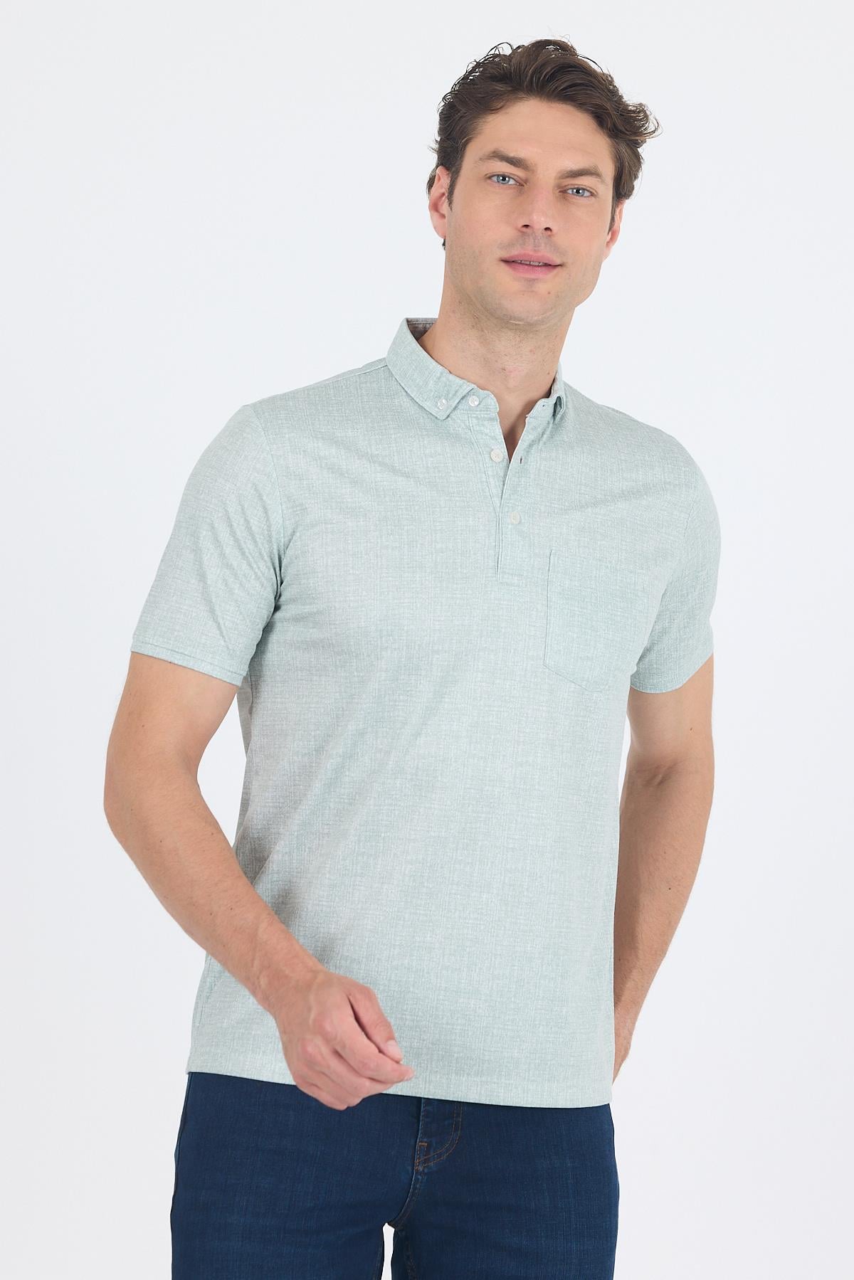 Yeşil Polo Yaka Kısa Kol Cepli Comfort Fit Pamuklu Tişört 1011250180