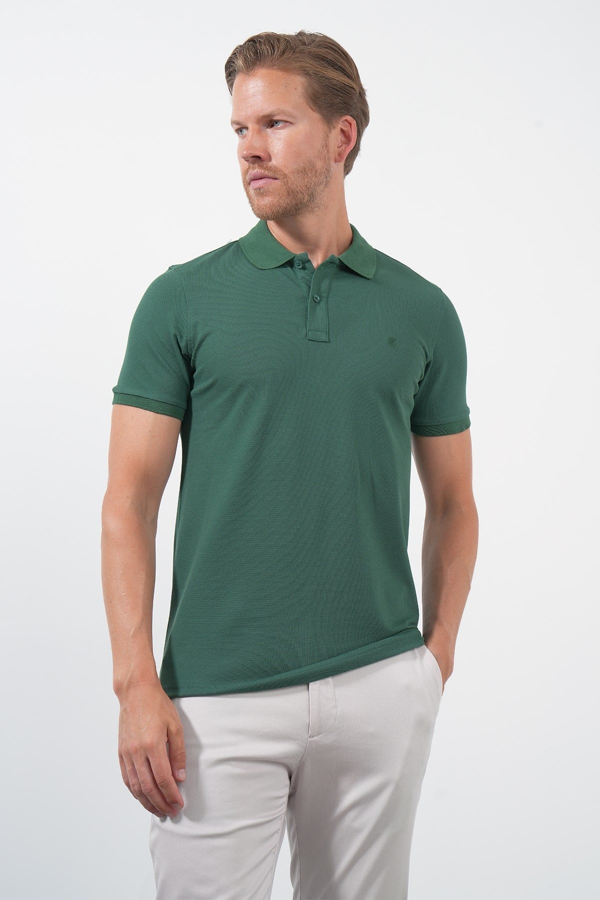 Yeşil Polo Yaka Pike Kısa Kol Slim Fit Pamuklu Tişört 1011260169