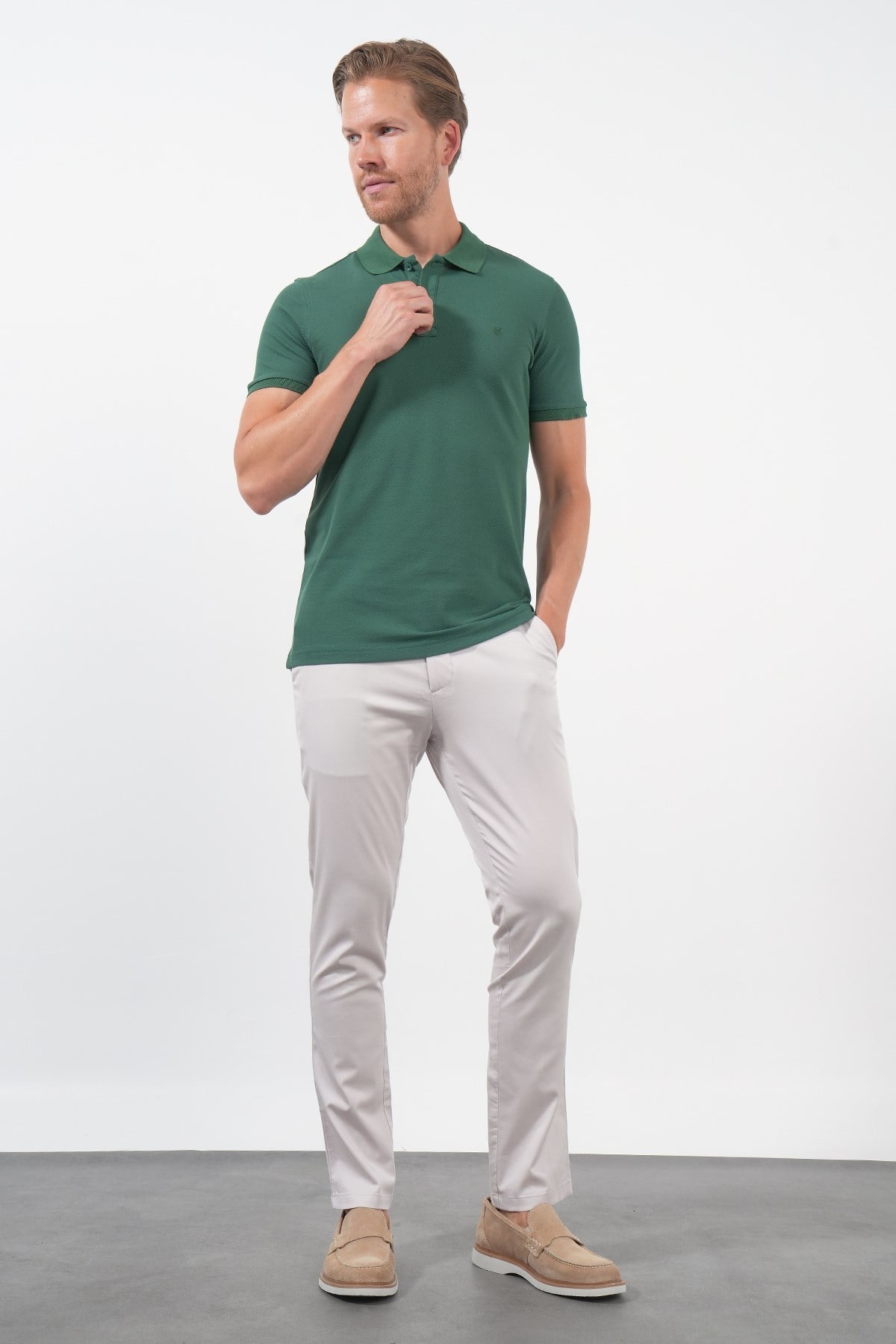 Yeşil Polo Yaka Pike Kısa Kol Slim Fit Pamuklu Tişört 1011260169