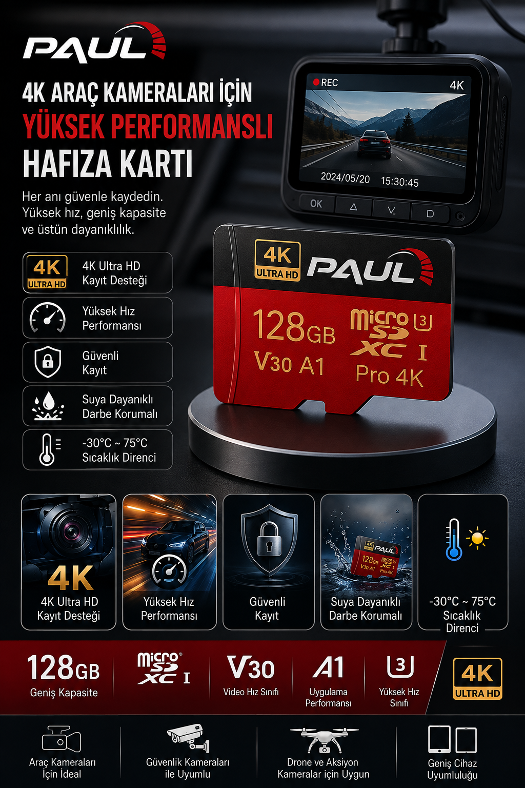 PAUL 128GB Micro SD Hafıza Kartı 4K Ultra HD | V30 A1 U3 Yüksek Hızlı MicroSDXC