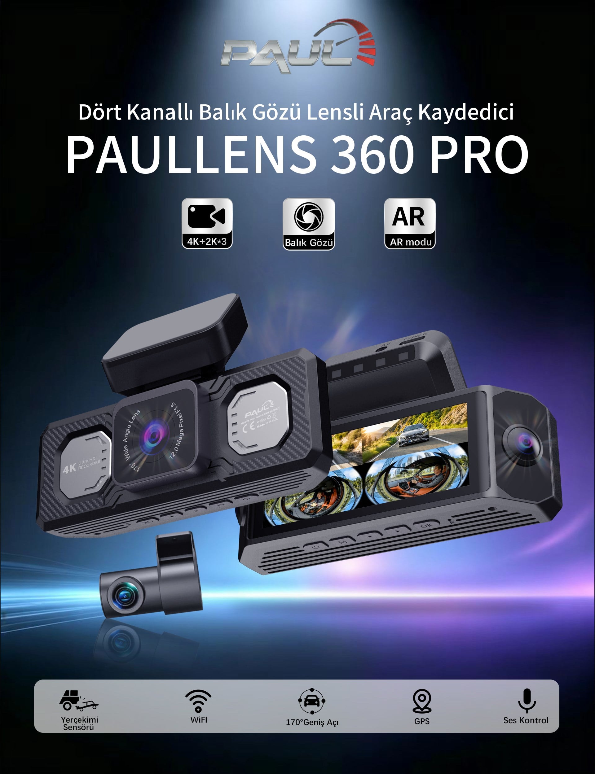 PAUL LENS 360Pro 4K Yapay Zekalı 4 Göz Araç Kamerası, Ön Arka Plaka Okuma Sağ Sol Balık Gözü Geniş Açılı, GPS Harita, ADAS, 5G Wi-Fi, Hız Göstergeli