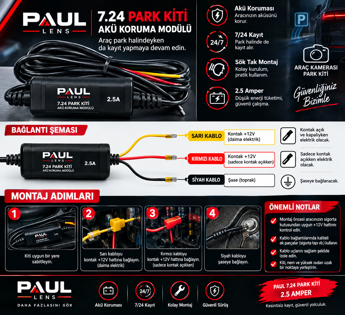 Type-C Girişli 7/24 Araç Kamerası Park Modu Bağlantı Kiti Hardwire Kit 3 Metre Sigorta Girişli