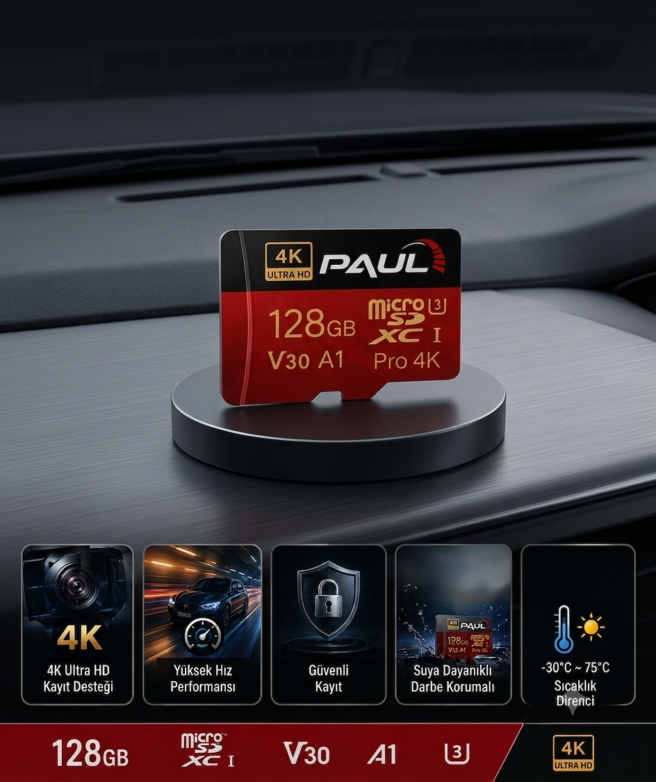 PAUL 128GB Micro SD Hafıza Kartı 4K Ultra HD | V30 A1 U3 Yüksek Hızlı MicroSDXC