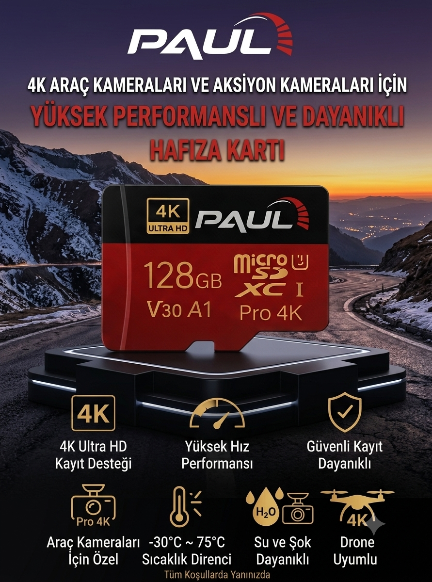 PAUL 128GB Micro SD Hafıza Kartı 4K Ultra HD | V30 A1 U3 Yüksek Hızlı MicroSDXC