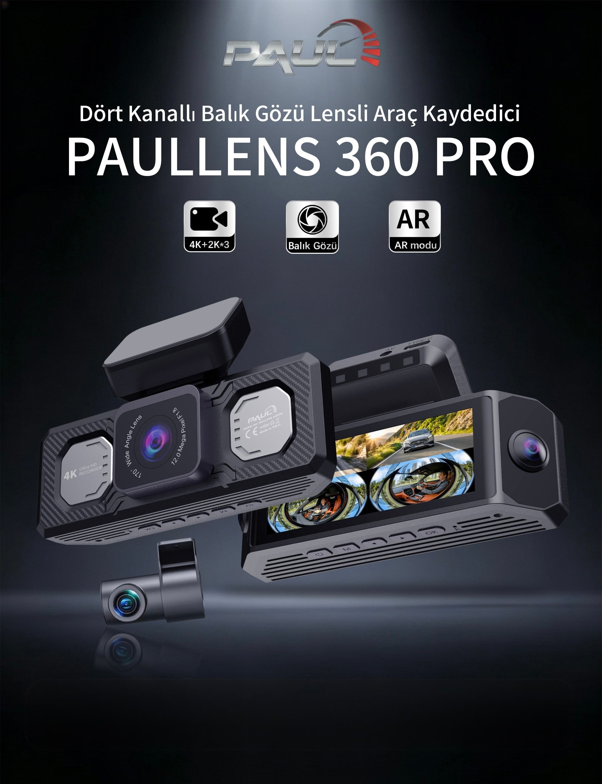PAUL LENS 360Pro 4K Yapay Zekalı 4 Göz Araç Kamerası, Ön Arka Plaka Okuma Sağ Sol Balık Gözü Geniş Açılı, GPS Harita, ADAS, 5G Wi-Fi, Hız Göstergeli