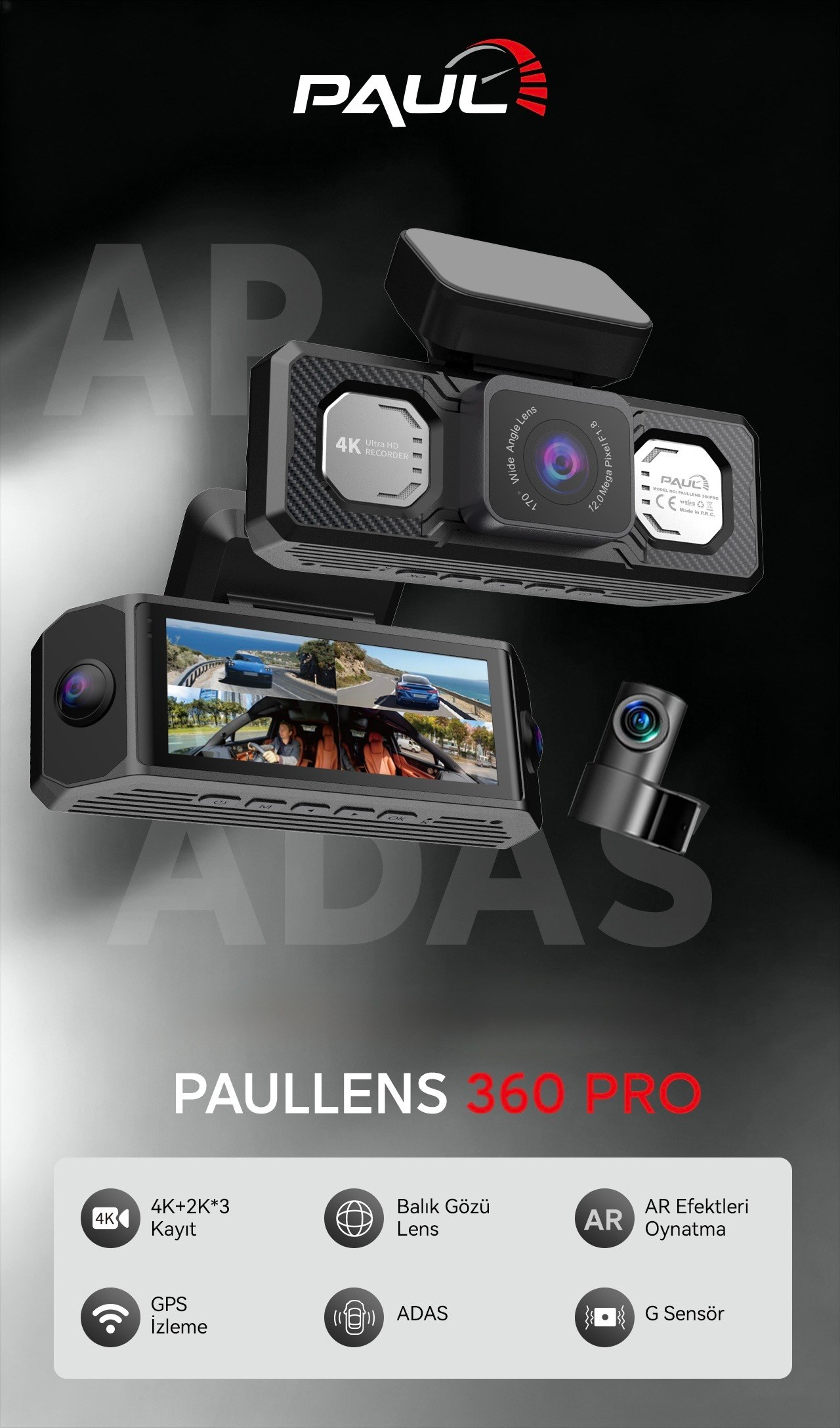 PAUL LENS 360Pro 4K Yapay Zekalı 4 Göz Araç Kamerası, Ön Arka Plaka Okuma Sağ Sol Balık Gözü Geniş Açılı, GPS Harita, ADAS, 5G Wi-Fi, Hız Göstergeli