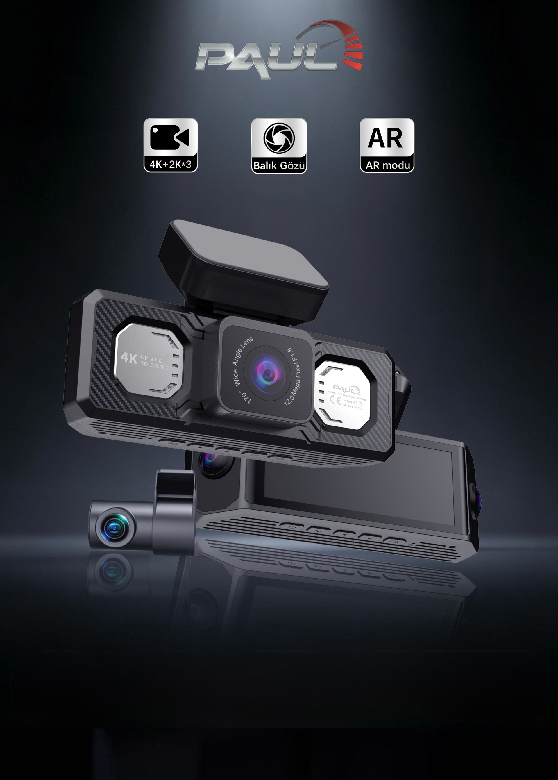 PAUL LENS 360Pro 4K Yapay Zekalı 4 Göz Araç Kamerası, Ön Arka Plaka Okuma Sağ Sol Balık Gözü Geniş Açılı, GPS Harita, ADAS, 5G Wi-Fi, Hız Göstergeli