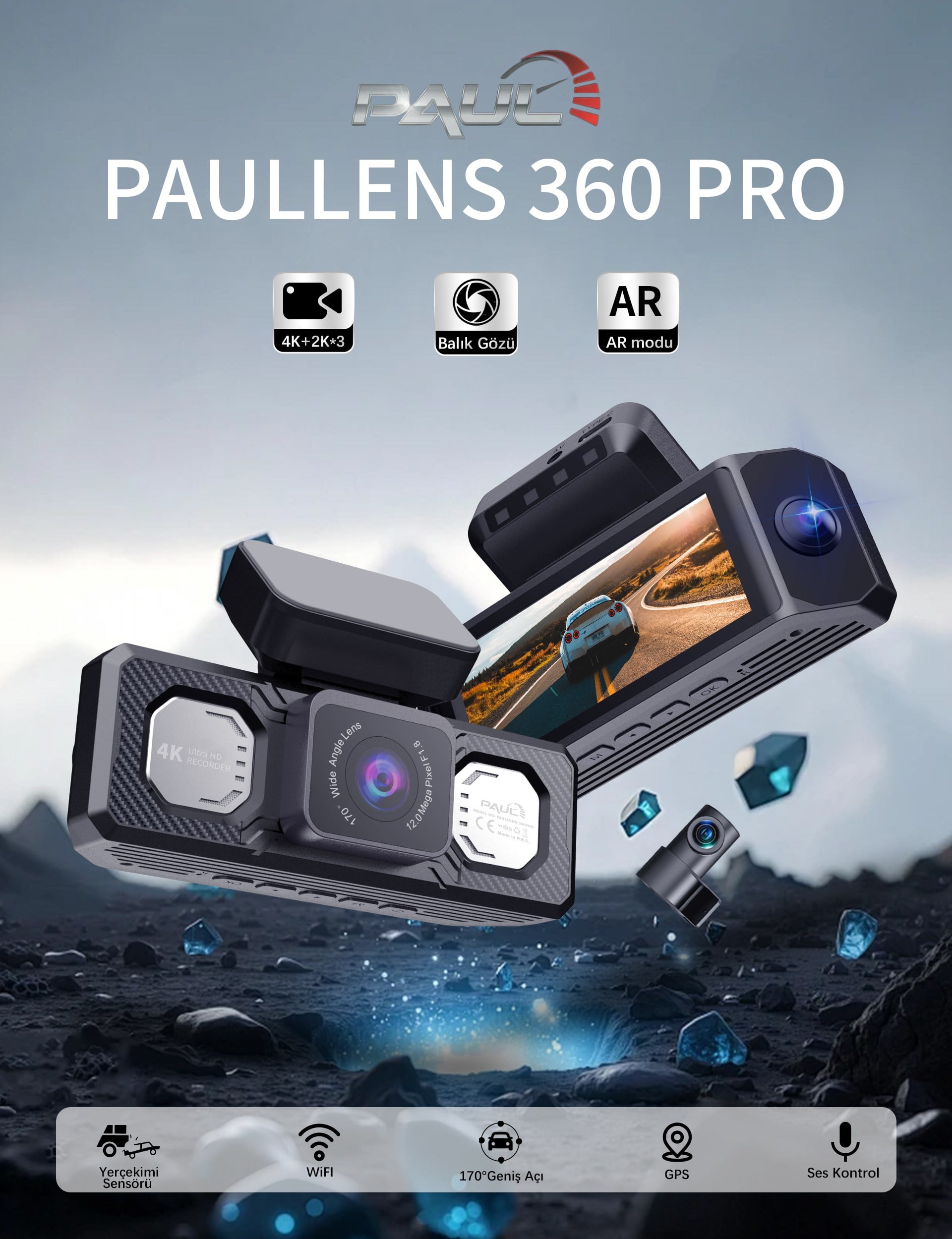 PAUL LENS 360Pro 4K Yapay Zekalı 4 Göz Araç Kamerası, Ön Arka Plaka Okuma Sağ Sol Balık Gözü Geniş Açılı, GPS Harita, ADAS, 5G Wi-Fi, Hız Göstergeli