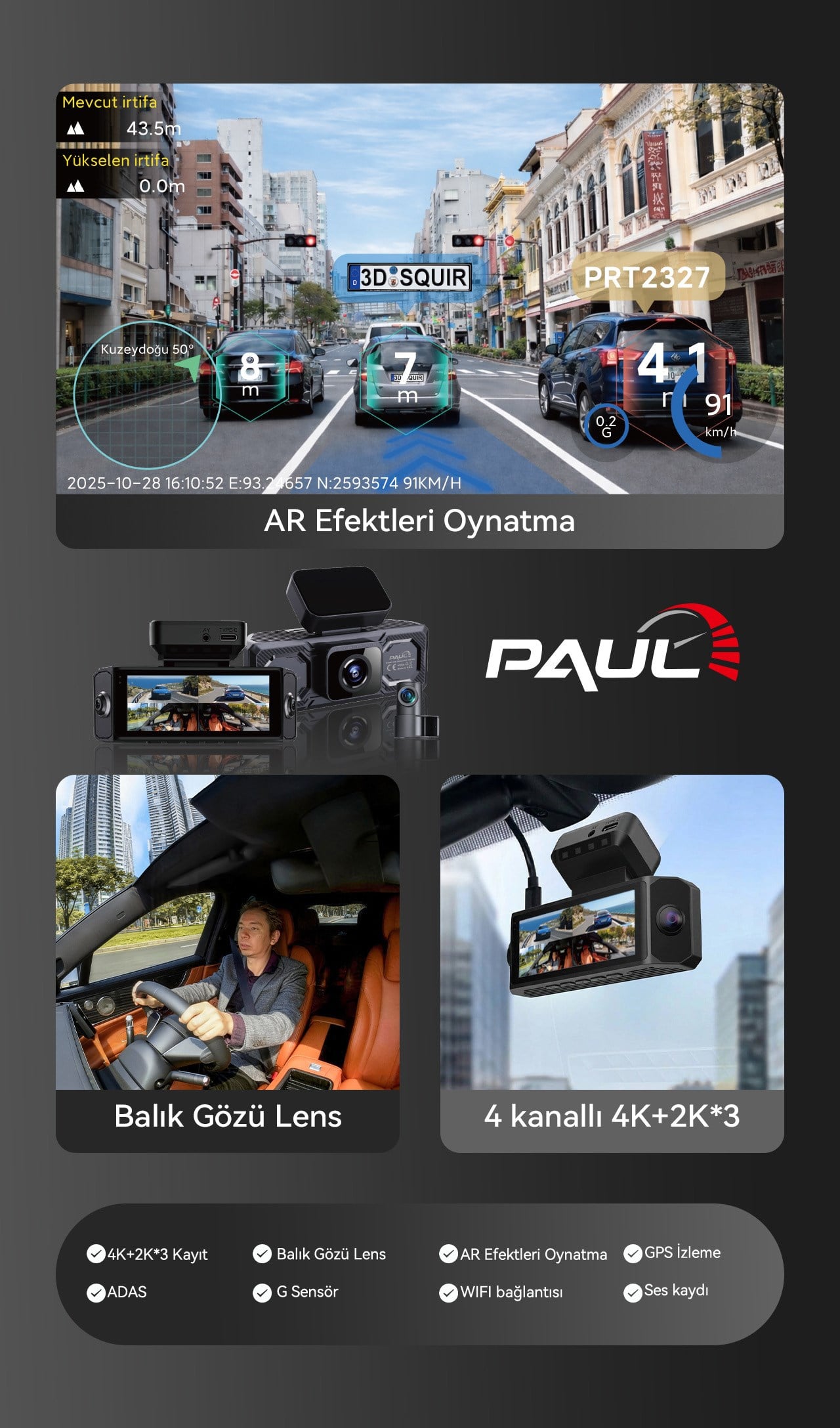 PAUL LENS 360Pro 4K Yapay Zekalı 4 Göz Araç Kamerası, Ön Arka Plaka Okuma Sağ Sol Balık Gözü Geniş Açılı, GPS Harita, ADAS, 5G Wi-Fi, Hız Göstergeli