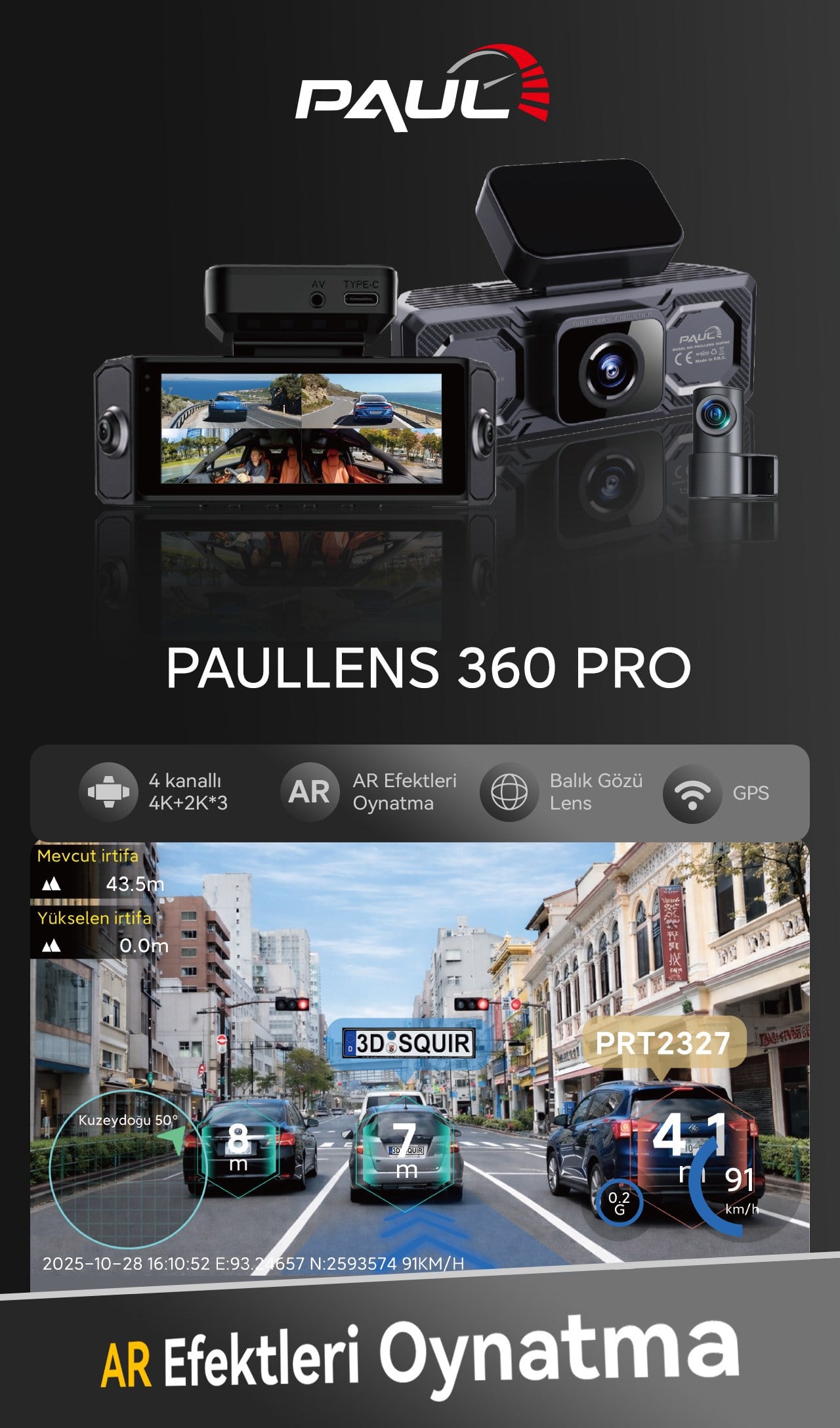 PAUL LENS 360Pro 4K Yapay Zekalı 4 Göz Araç Kamerası, Ön Arka Plaka Okuma Sağ Sol Balık Gözü Geniş Açılı, GPS Harita, ADAS, 5G Wi-Fi, Hız Göstergeli