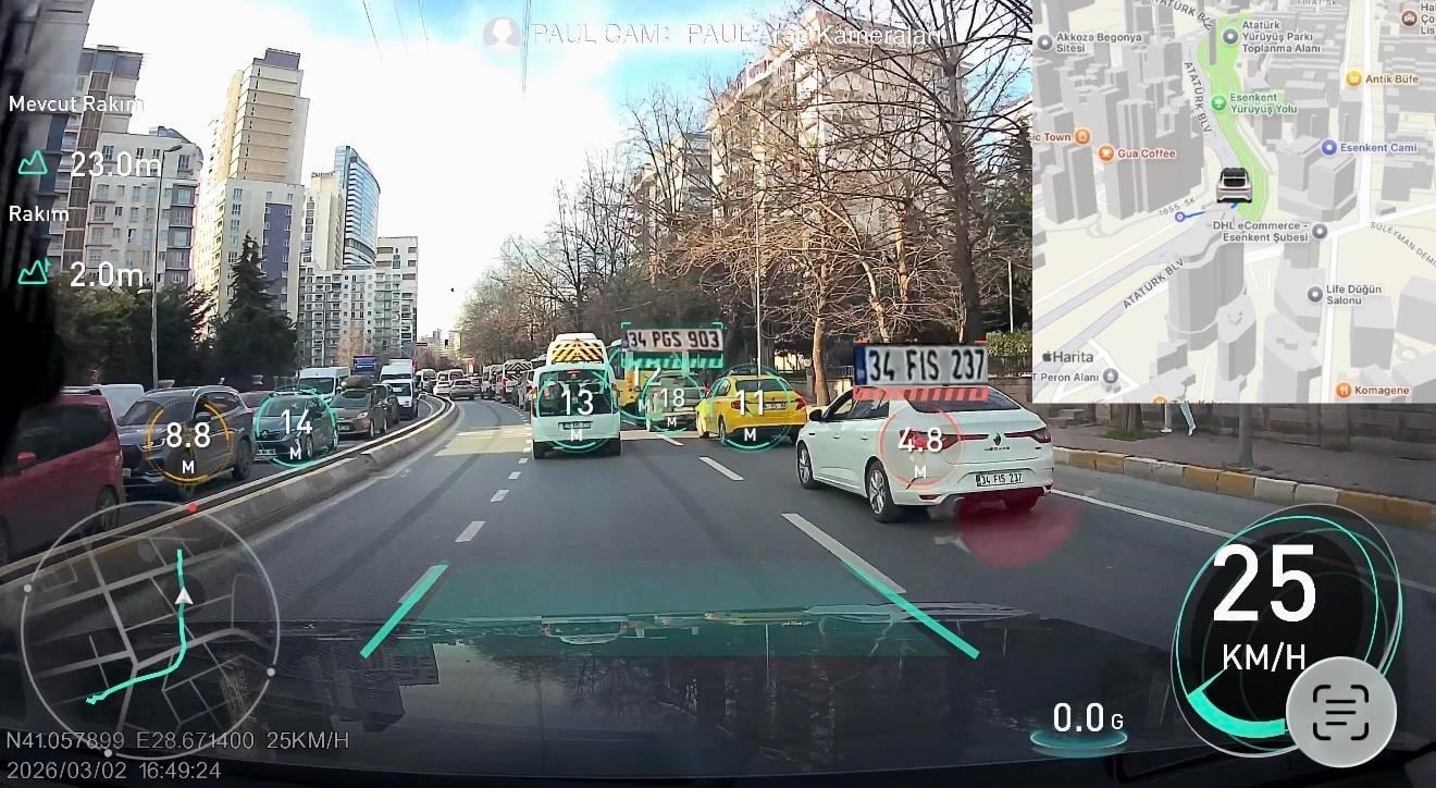PAUL LENS 4K Araç Kamerası Ön Arka Plaka Okuma, Hız Göstergesi, Gps Harita, ADAS, 5G Wi-Fi,  