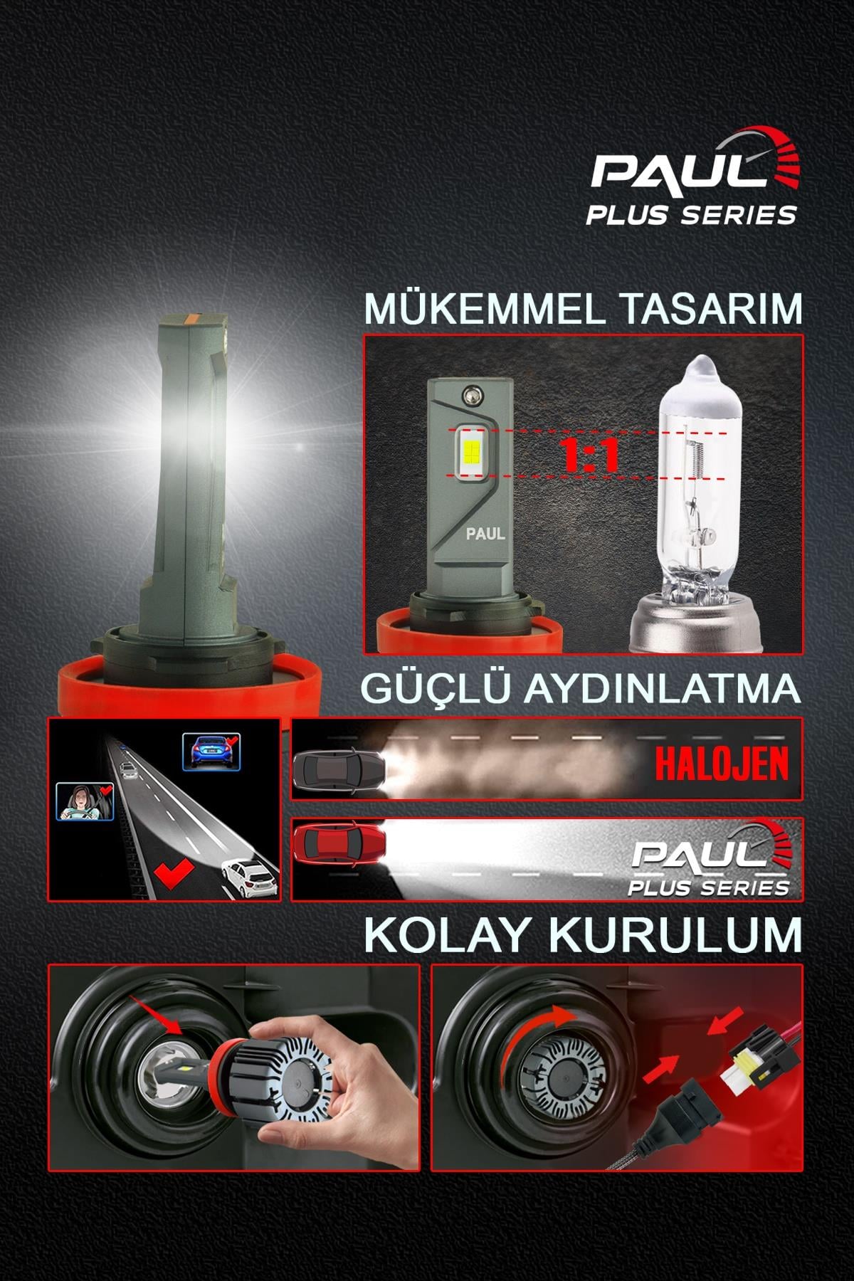 PAUL Plus H11 18.000 Lümen GÜÇ Şimşek Etkili Odaklı Ufuk Çizgili Csp LED