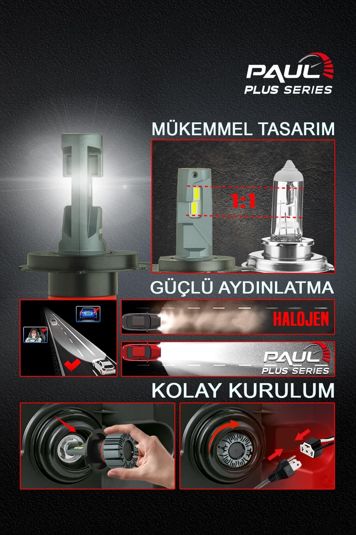 PAUL Plus H4 18.000 Lümen GÜÇ Şimşek Etkili Odaklı Ufuk Çizgili Csp LED