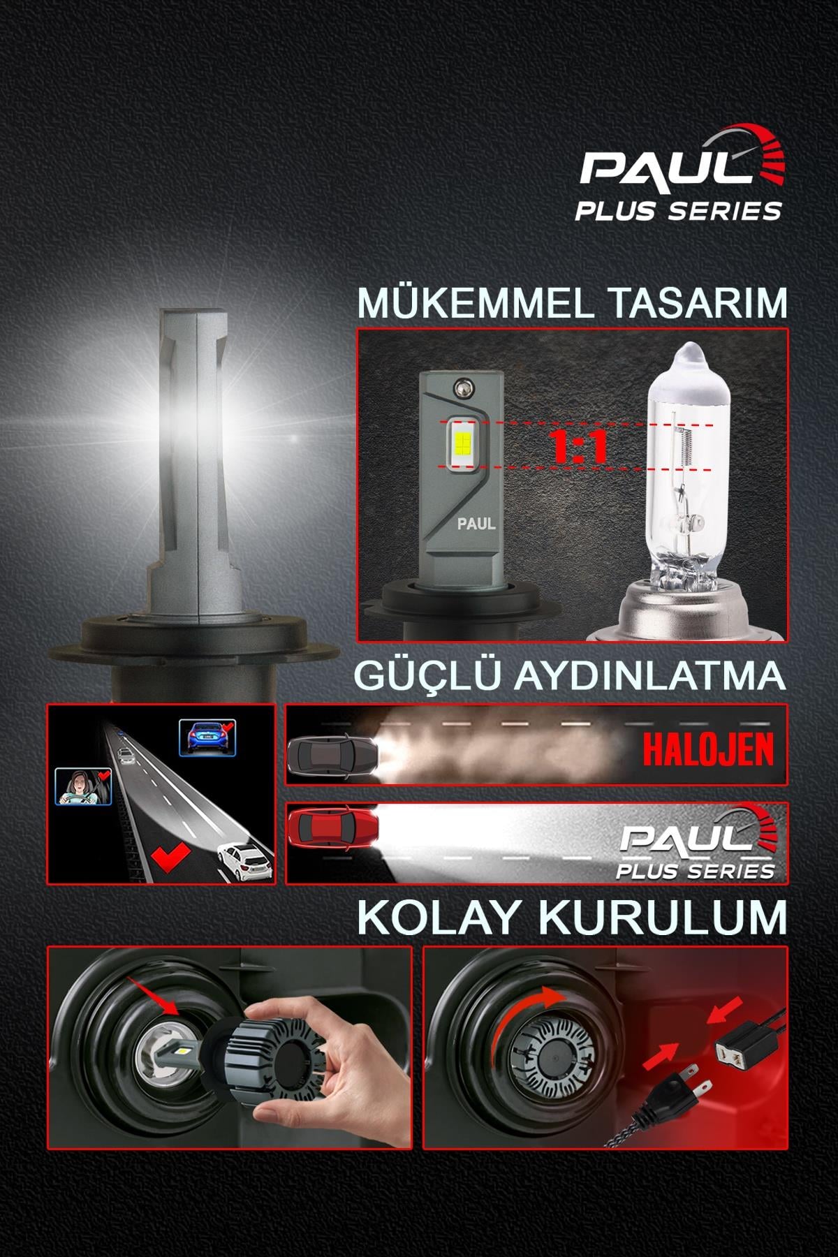 PAUL Plus H7 18.000 Lümen GÜÇ Şimşek Etkili Odaklı Ufuk Çizgili Csp LED
