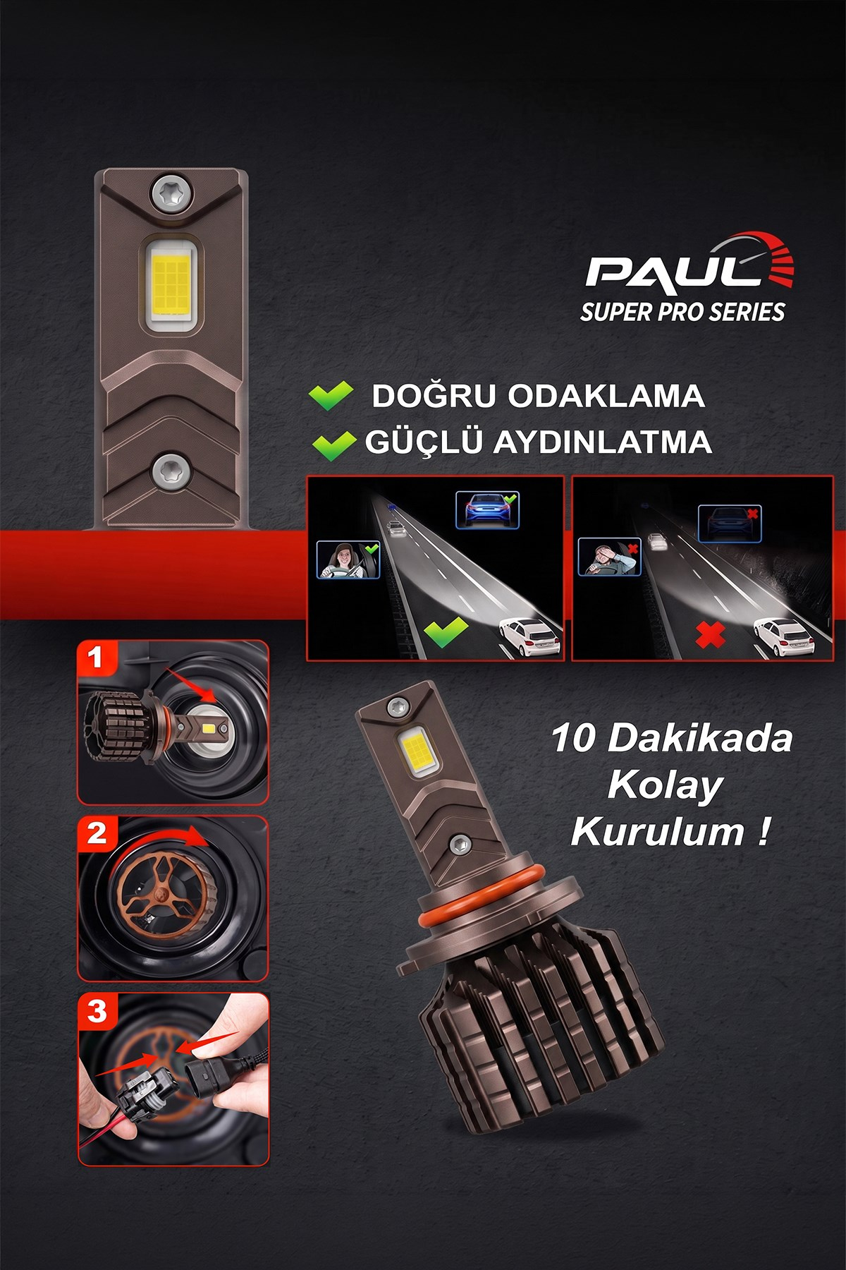 PAUL Süper Pro 9005 24.000 Lümen GÜÇ Şimşek Etkili Odaklı Ufuk Çizgili Csp LED