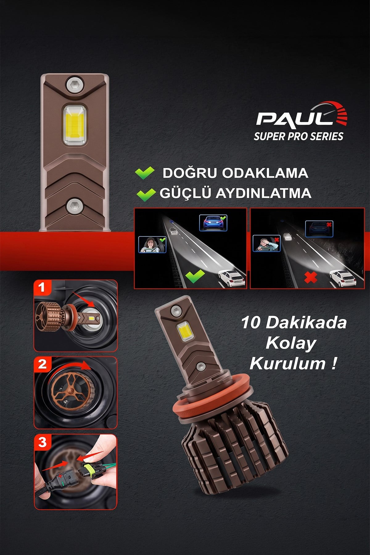 PAUL Süper Pro H11 H8 H9 H16  24.000 Lümen GÜÇ Şimşek Etkili Odaklı Ufuk Çizgili Csp LED