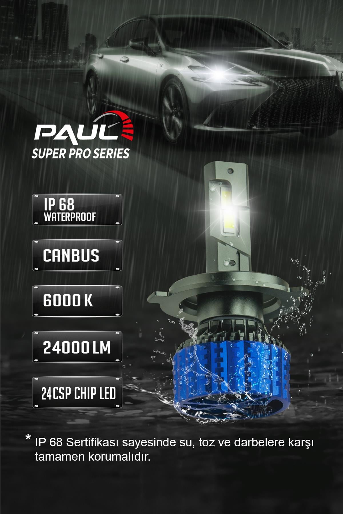 PAUL Süper Pro H4 24.000 Lümen GÜÇ Şimşek Etkili Odaklı Ufuk Çizgili Csp LED