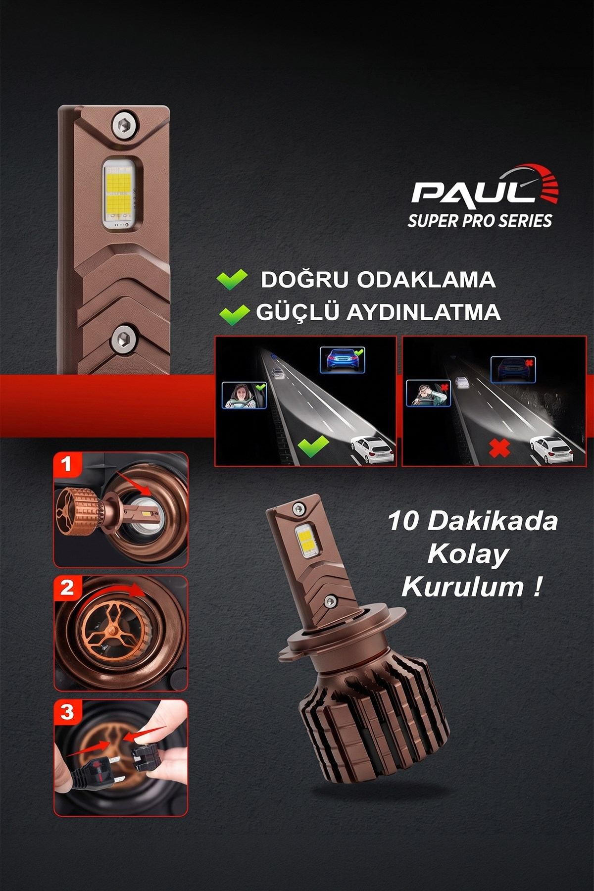 PAUL Süper Pro H7 24.000 Lümen GÜÇ Şimşek Etkili Odaklı Ufuk Çizgili Csp LED