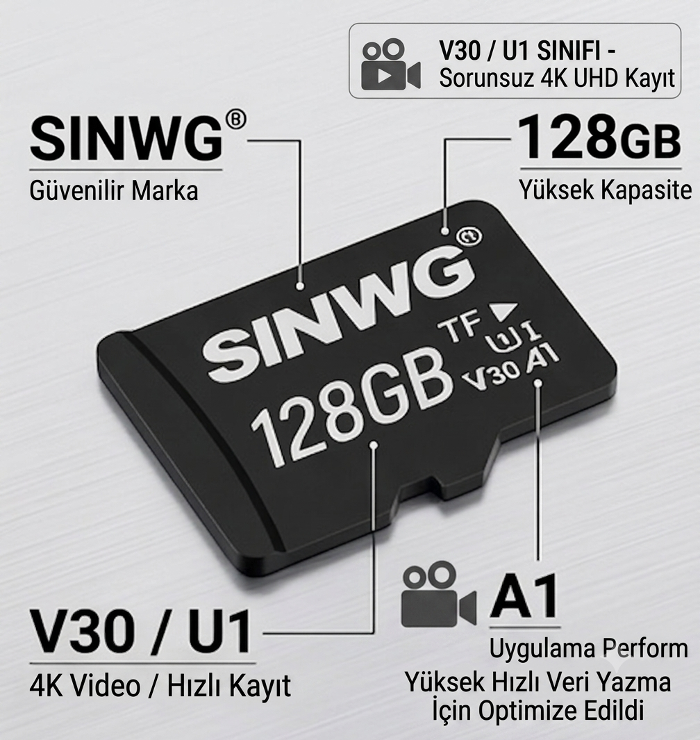 SINWG 128 GB MicroSD Hafıza Kartı 4K Araç Kameraları İçin Uyumlu