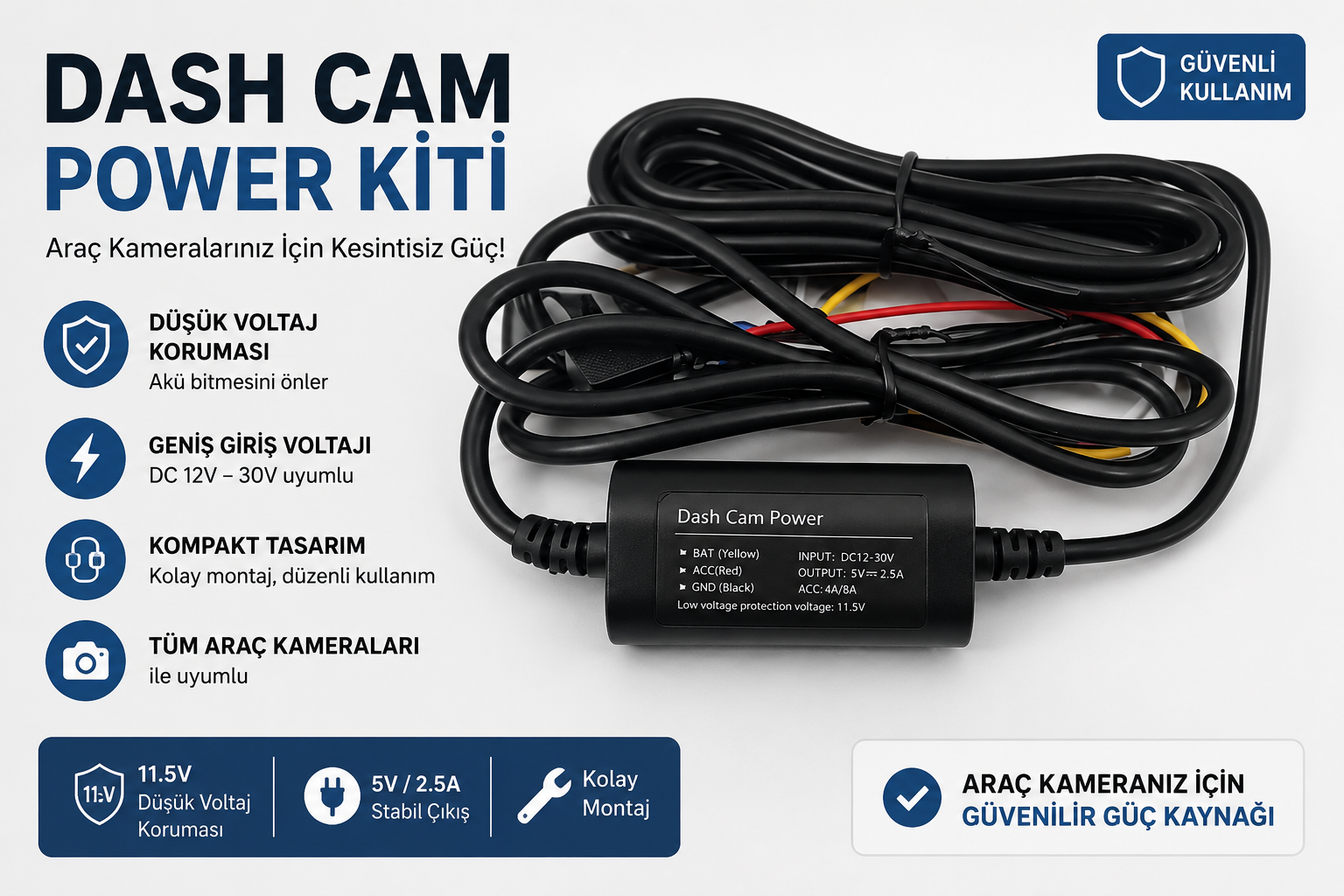 Type-C Girişli 7/24 Araç Kamerası Park Modu Bağlantı Kiti Hardwire Kit 3 Metre Sigorta Girişli