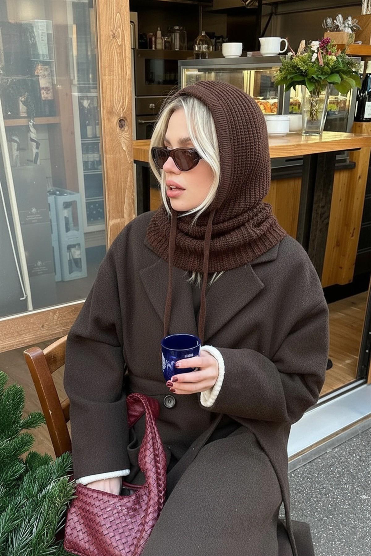 Acı Kahve Triko Örgü Balaclava Bere Şapka