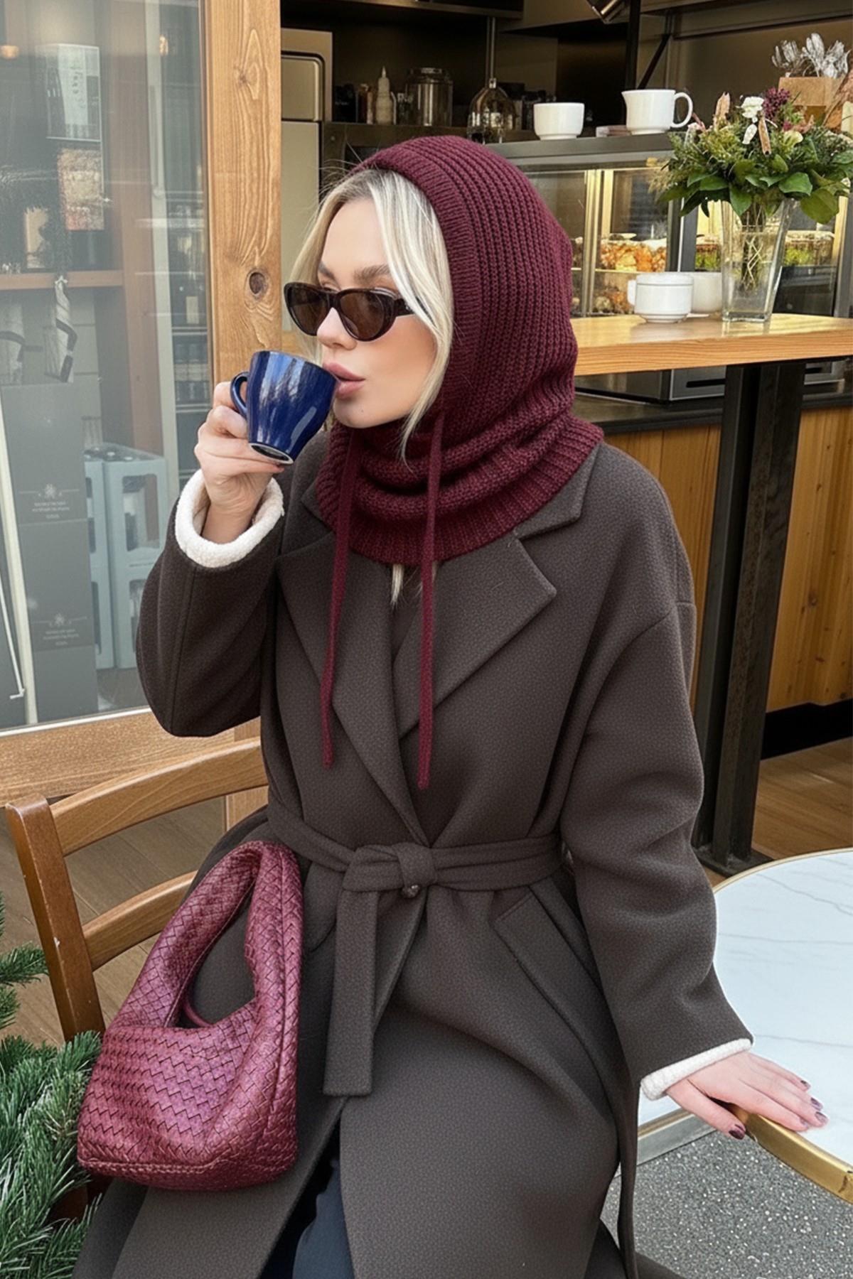 Cherry Triko Örgü Balaclava Bere Şapka