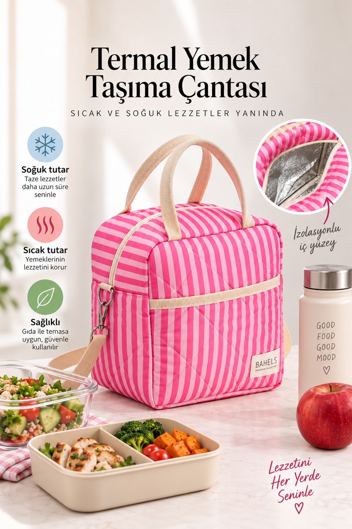 Çizgili Pembe Termal Çanta Yemek Taşıma Beslenme Çantası Isı Yalıtımlı Askılı Çanta