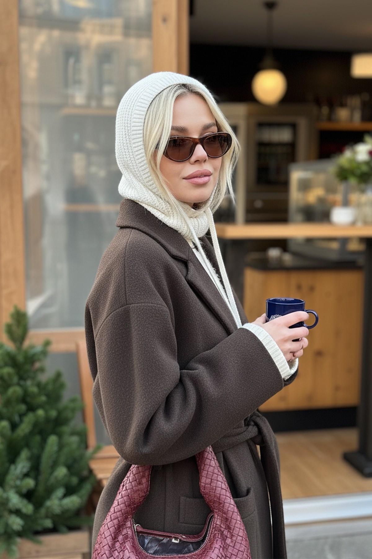 Ekru Triko Örgü Balaclava Bere Şapka