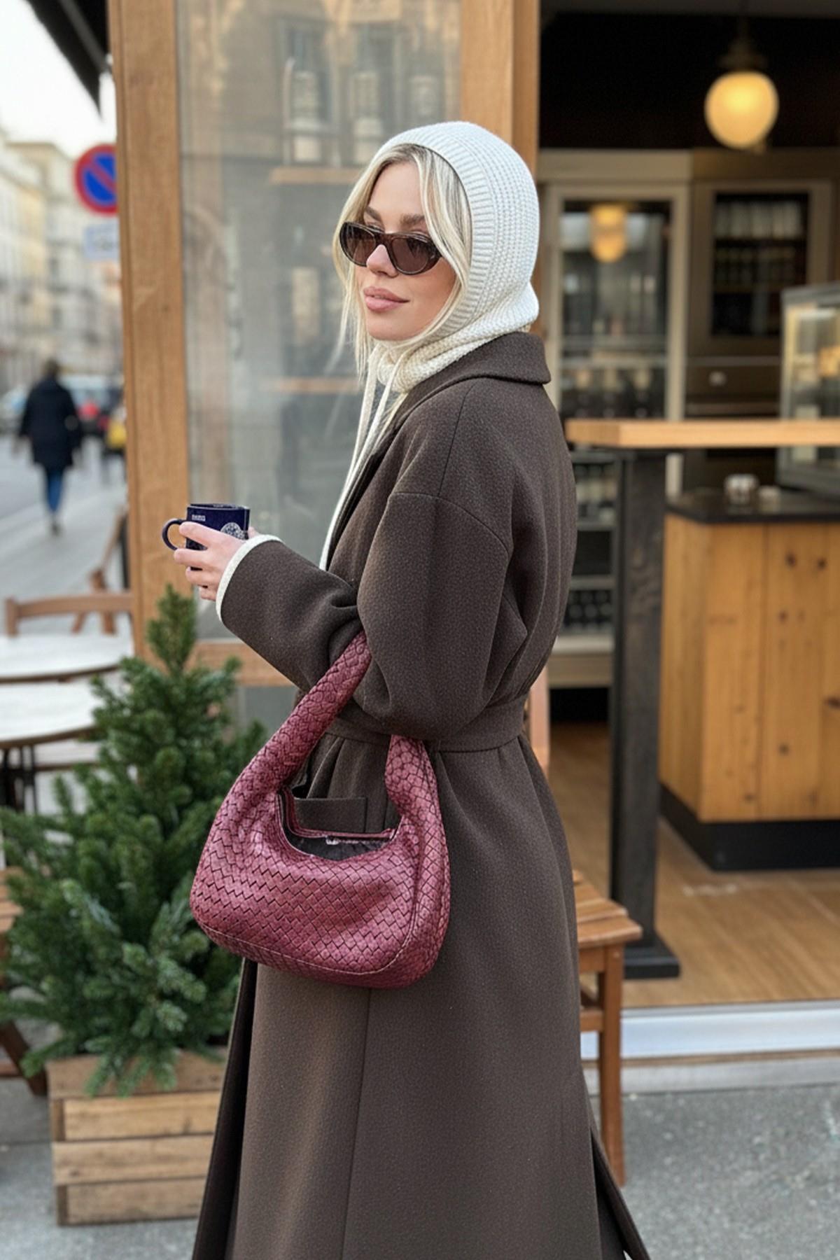 Ekru Triko Örgü Balaclava Bere Şapka