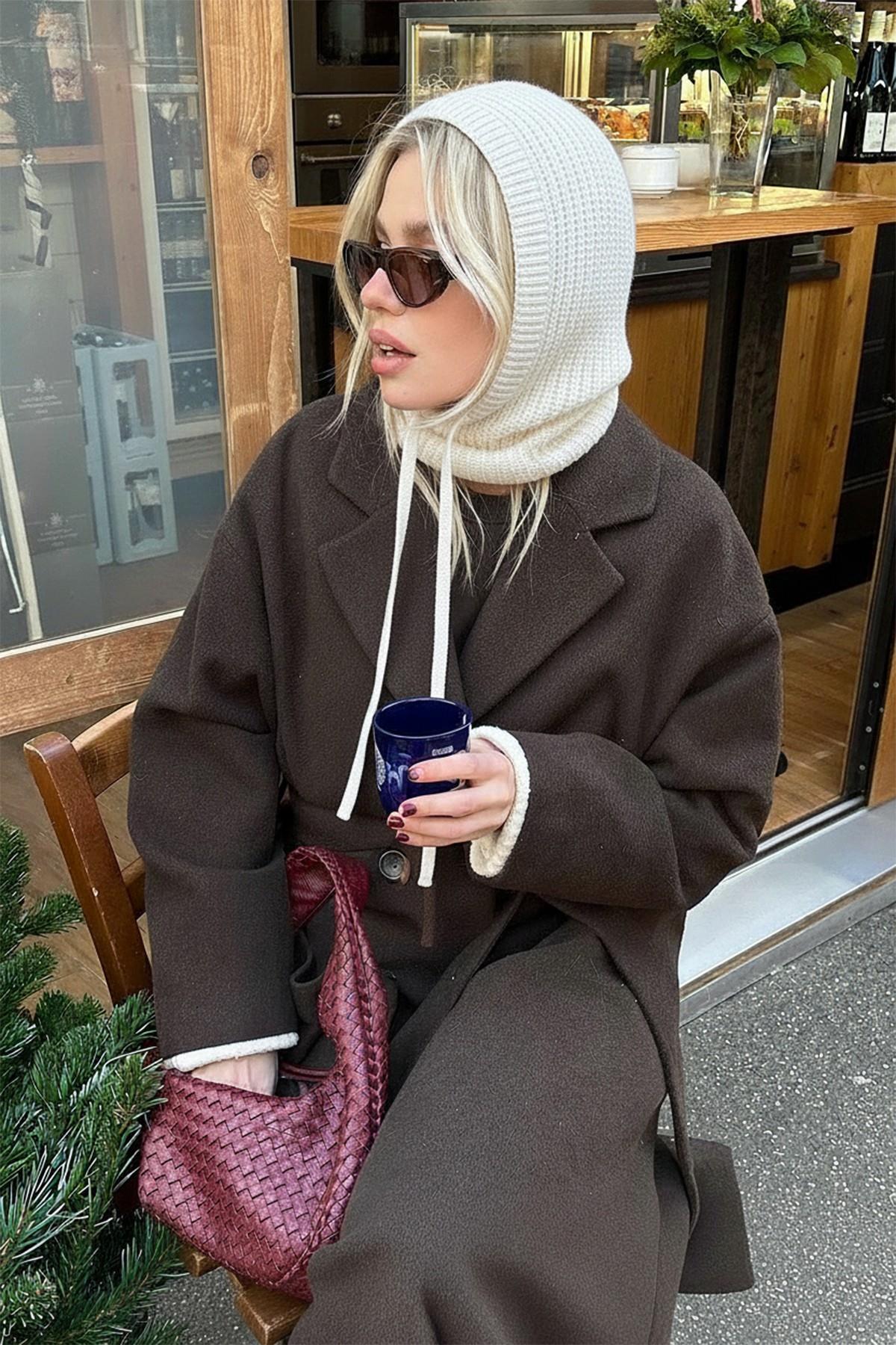 Ekru Triko Örgü Balaclava Bere Şapka
