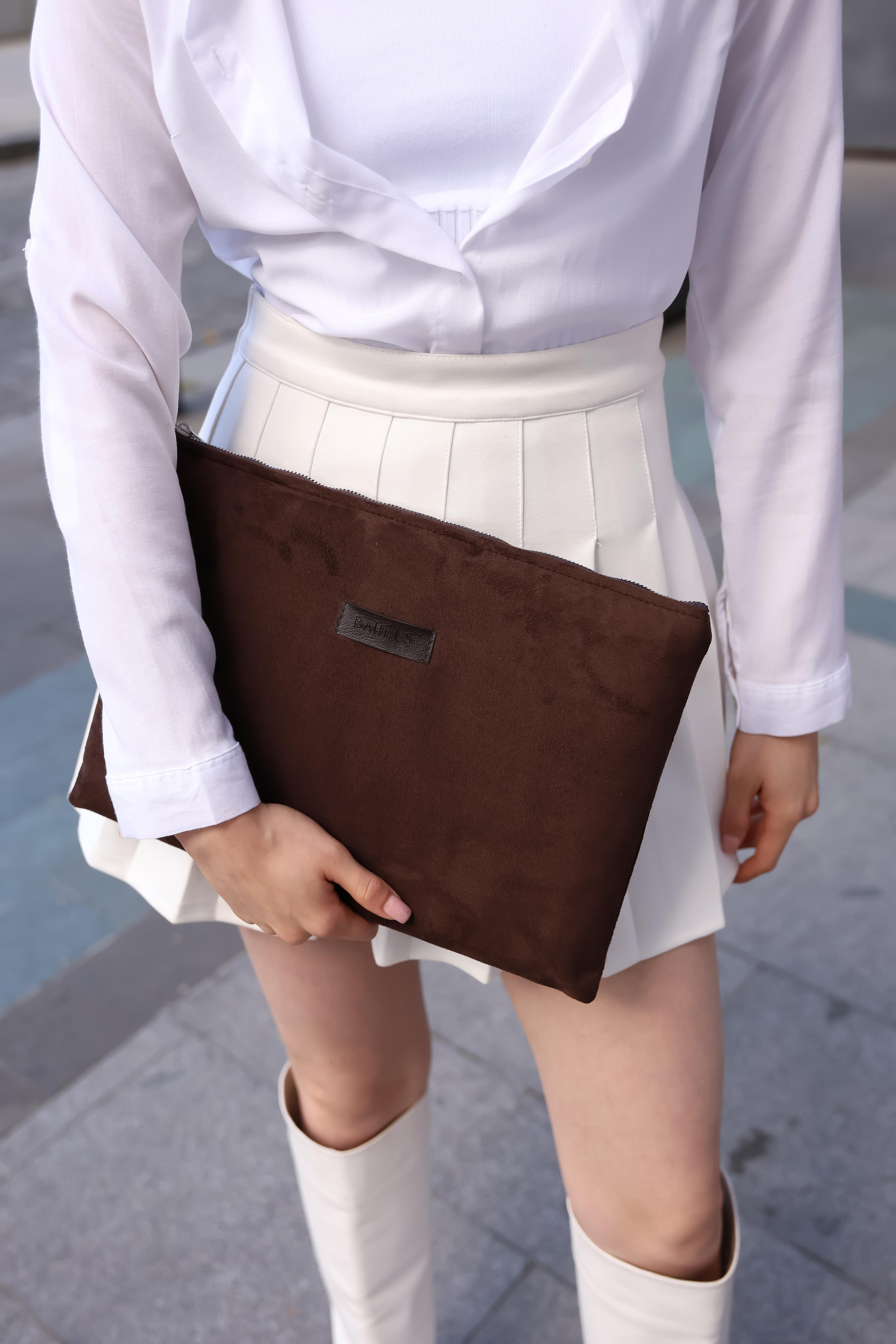 Kadın Acı Kahve Süet Portföy & Clutch Çanta