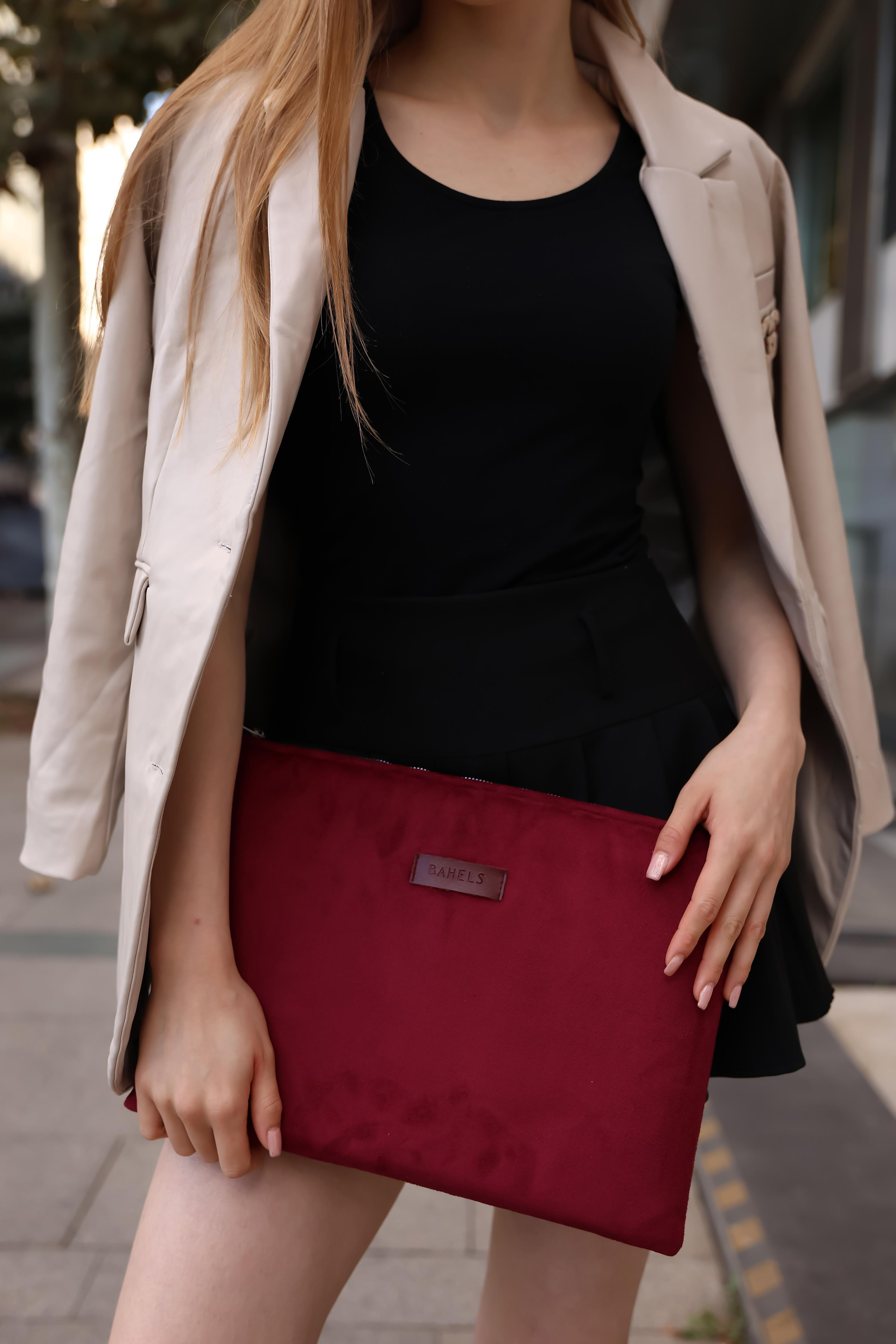 Kadın Cherry Süet Portföy & Clutch Çanta