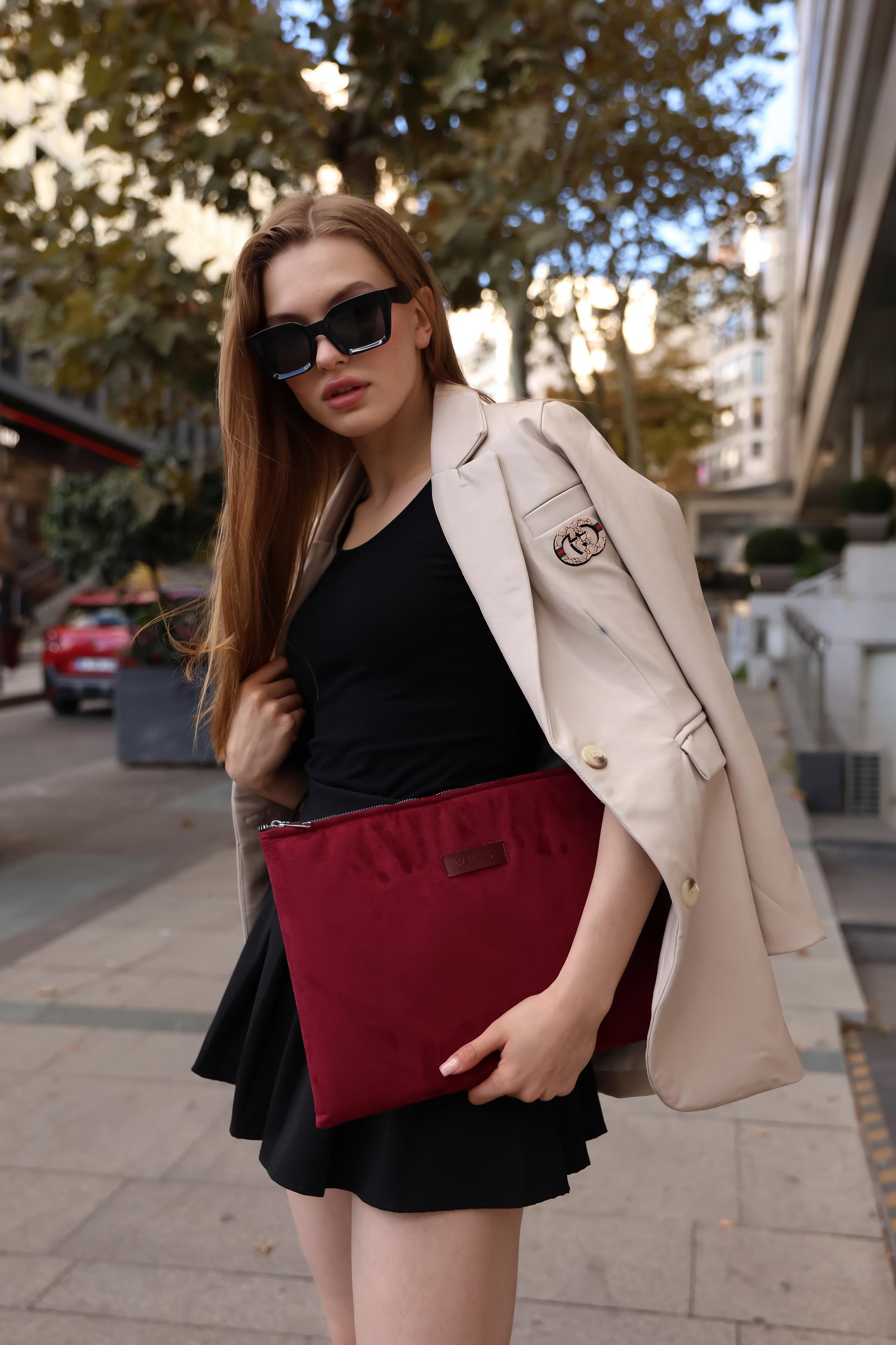 Kadın Cherry Süet Portföy & Clutch Çanta