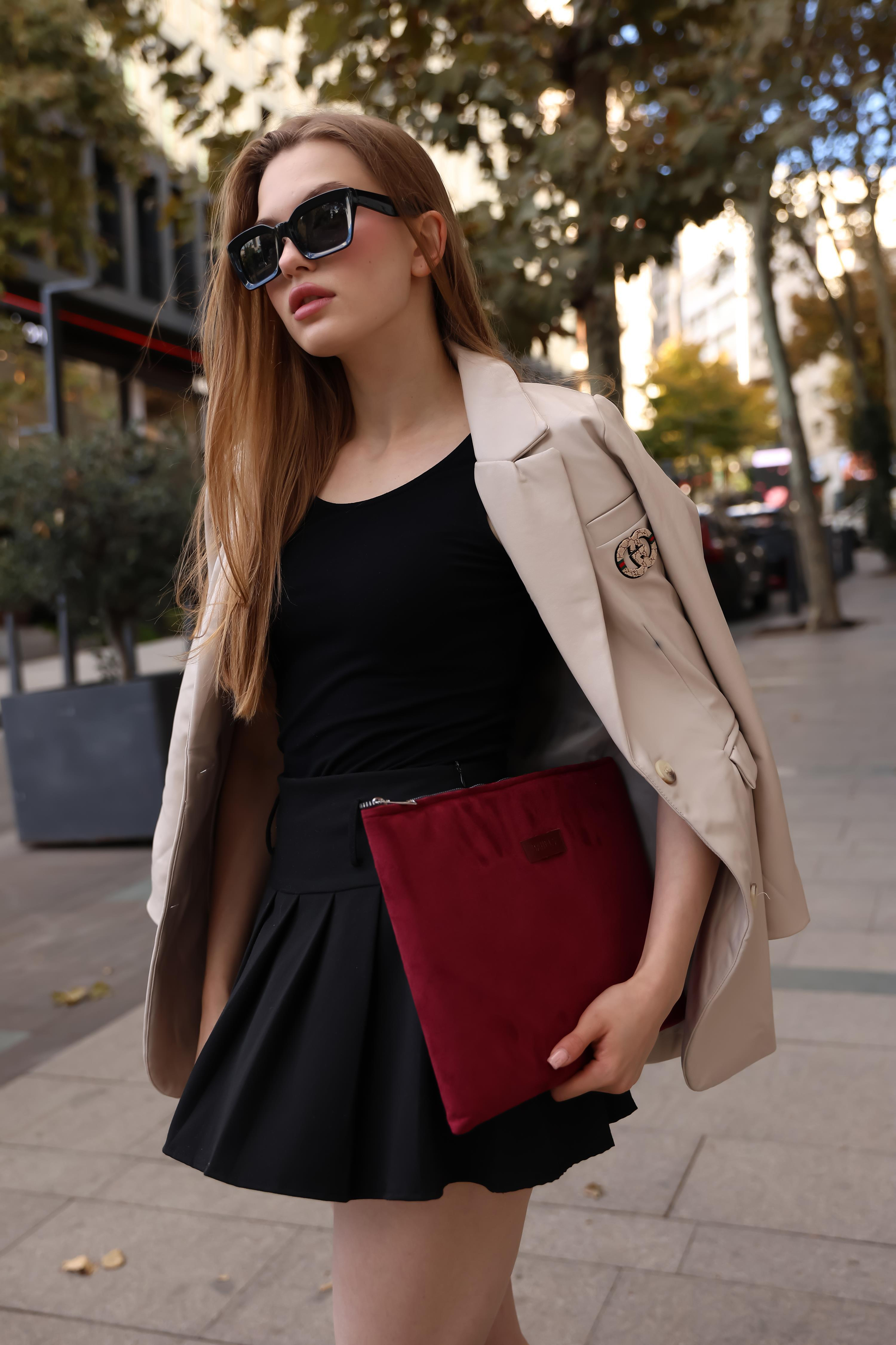 Kadın Cherry Süet Portföy & Clutch Çanta