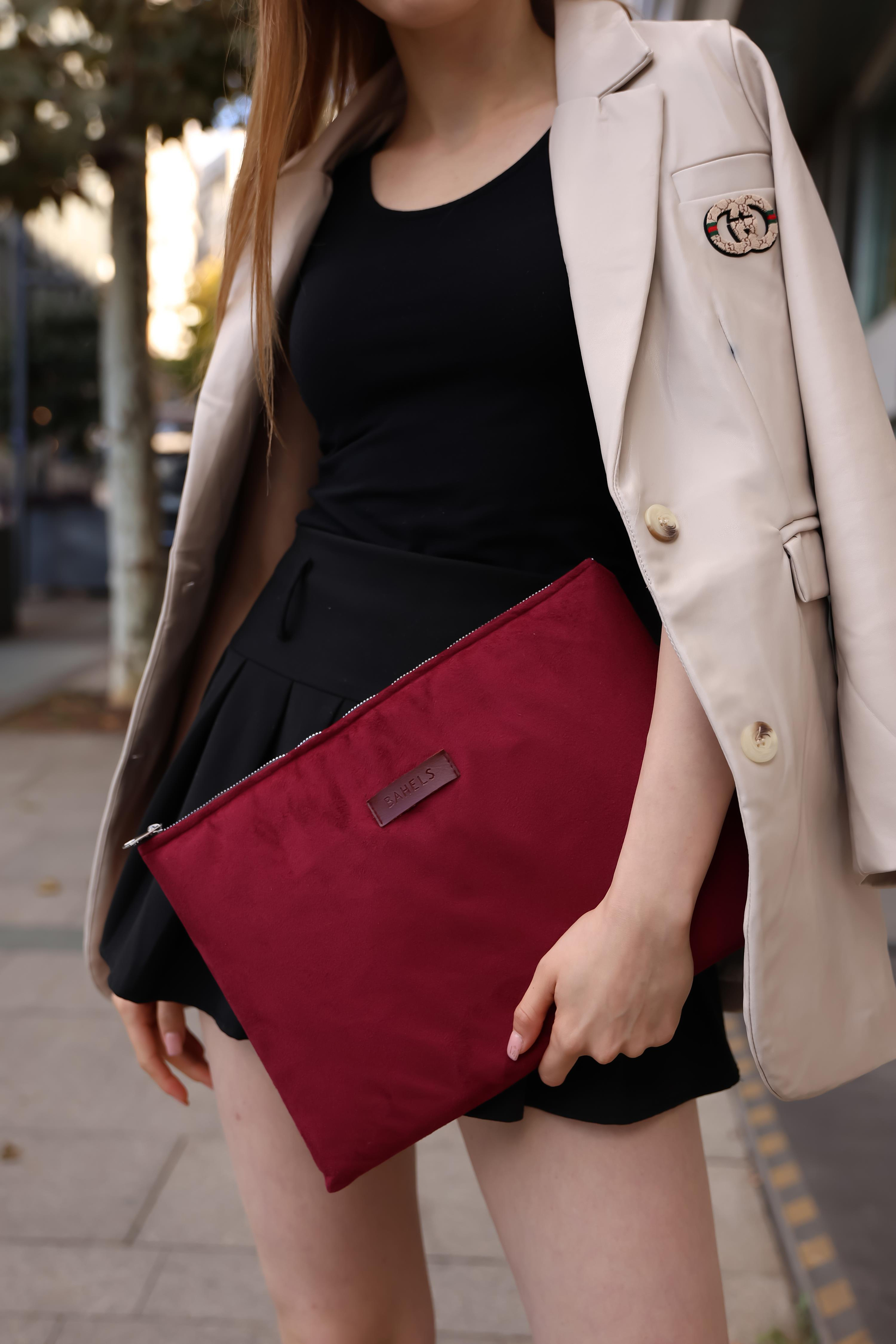 Kadın Cherry Süet Portföy & Clutch Çanta