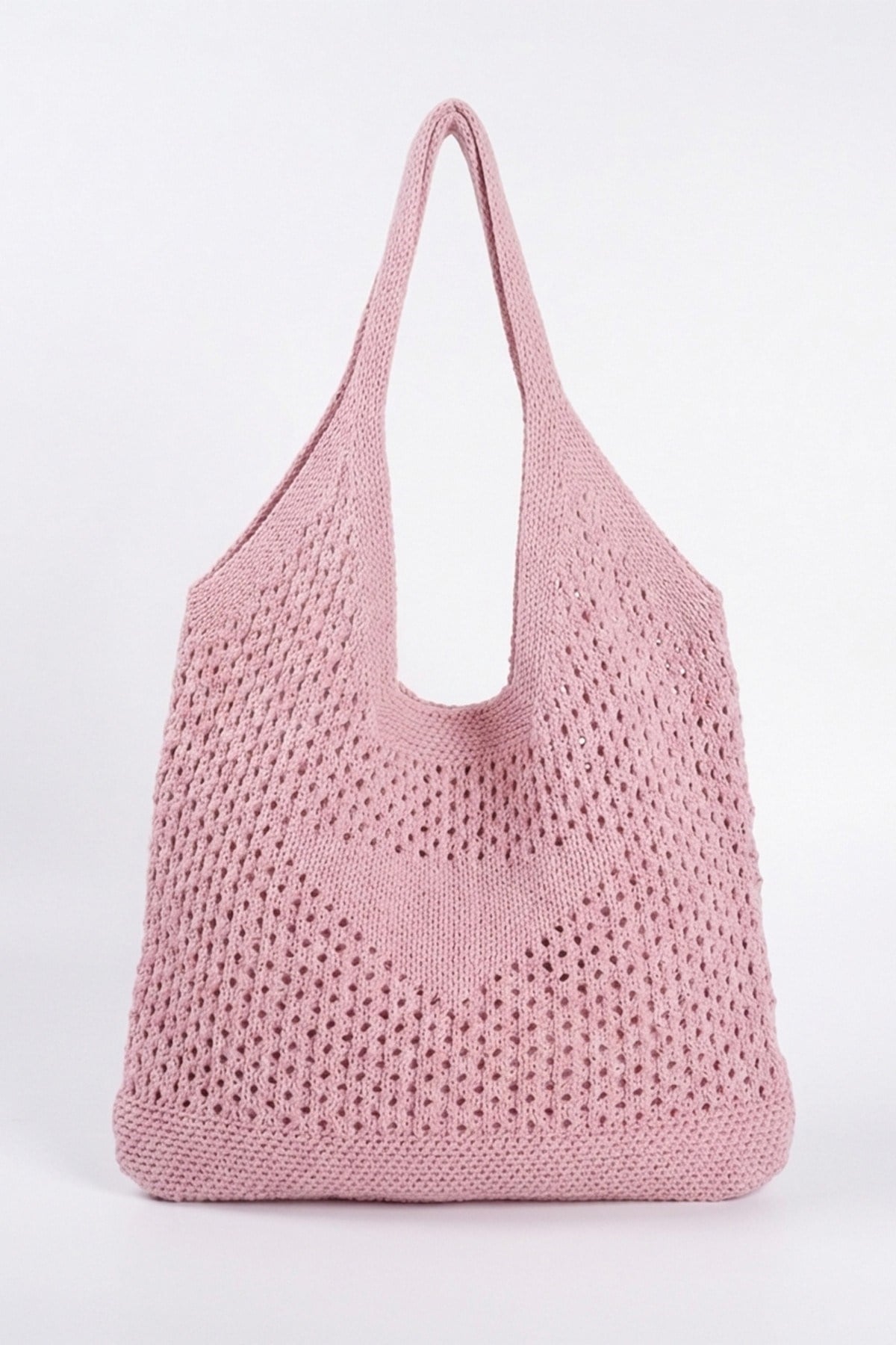 Kadın Pembe File Örgü Model Plaj, Shopper Tote Çanta, Omuz Çantası