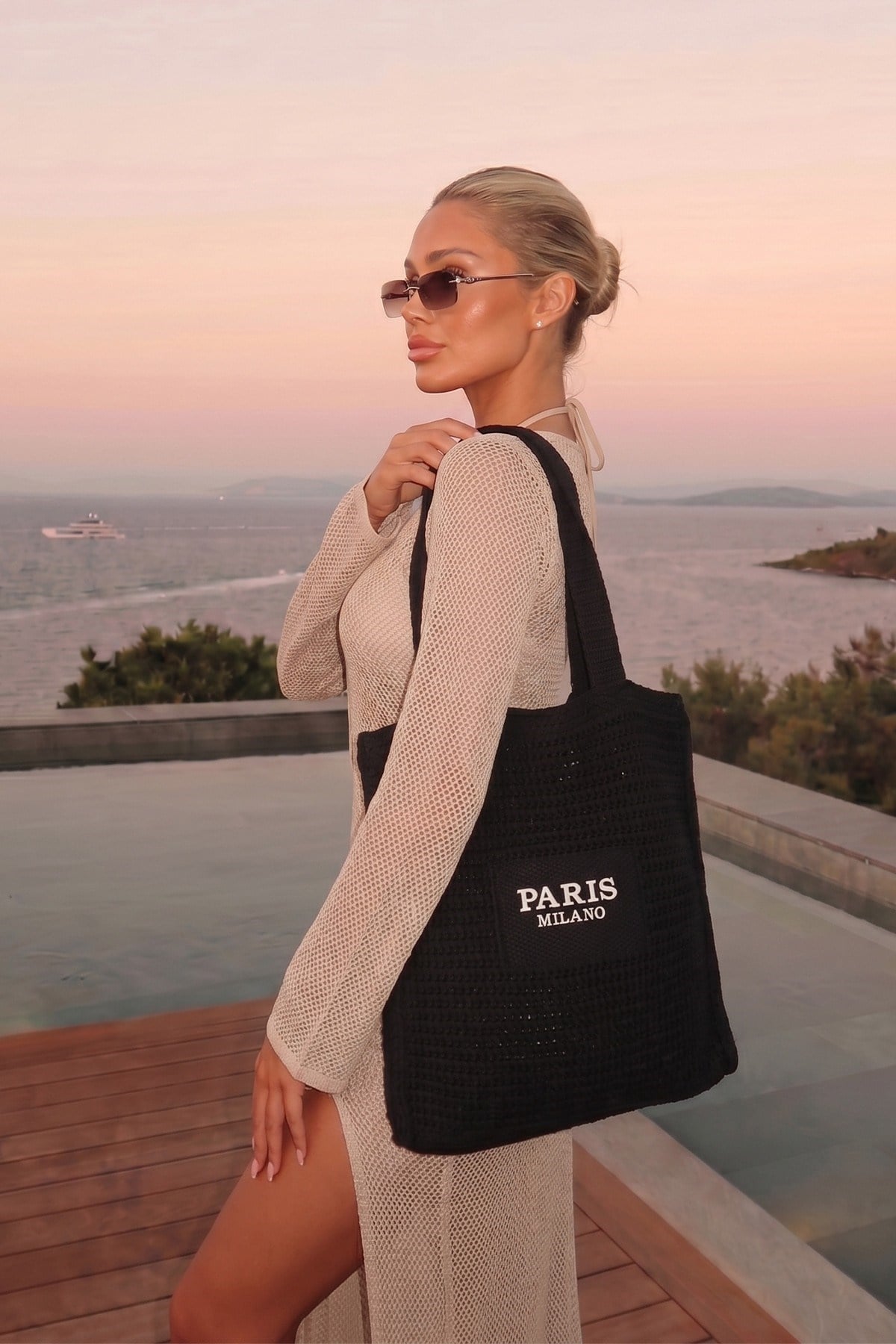 Kadın Siyah Milano Nakış File Örgü Model Plaj, Shopper Tote Çanta
