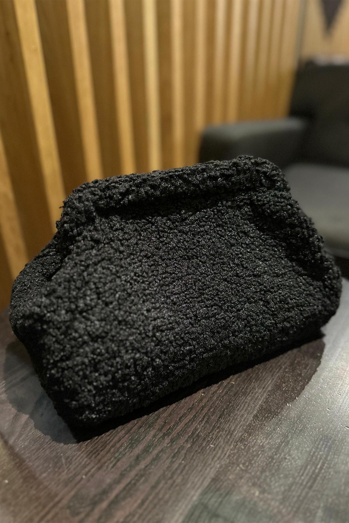 Kadın Siyah Peluş Teddy Clutch Portföy Çanta