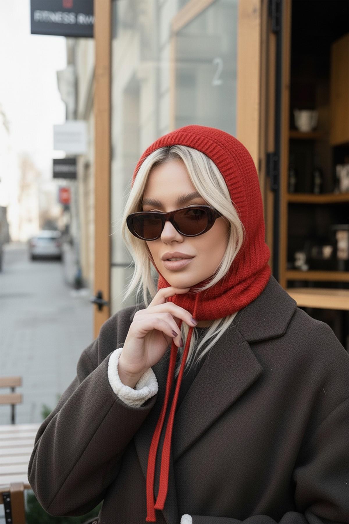 Kırmızı Triko Örgü Balaclava Bere Şapka