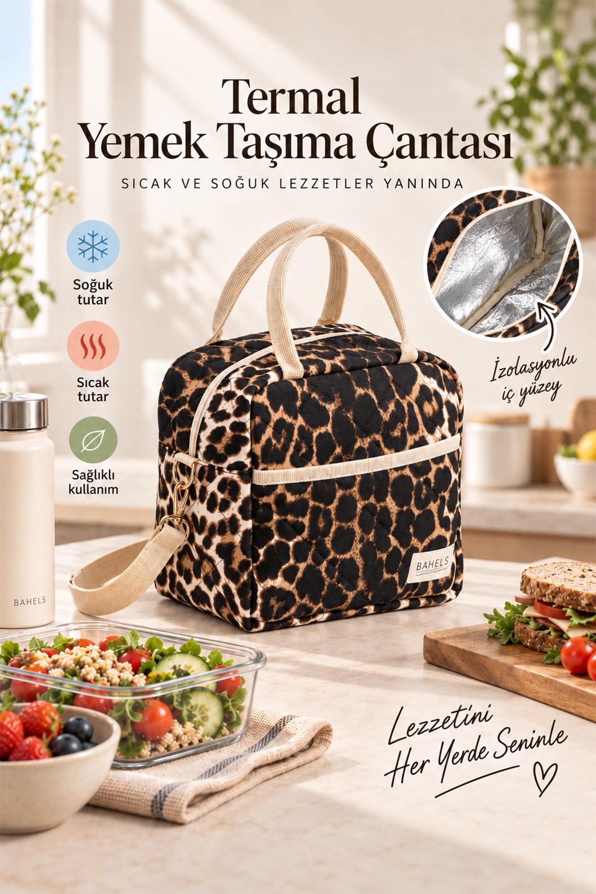 Leopar Termal Çanta Yemek Taşıma Beslenme Çantası Isı Yalıtımlı Askılı Çanta