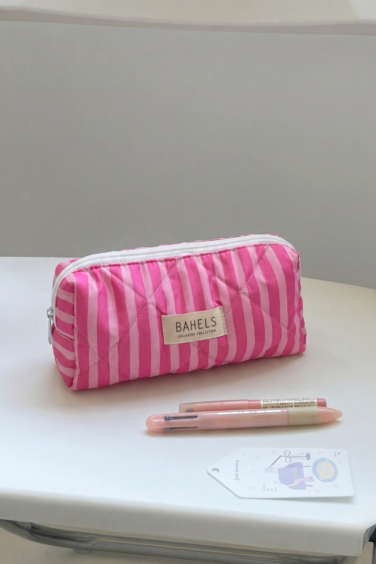 Pembe Çizgili Kalemlik Kalem Kutusu Kalem Çantası