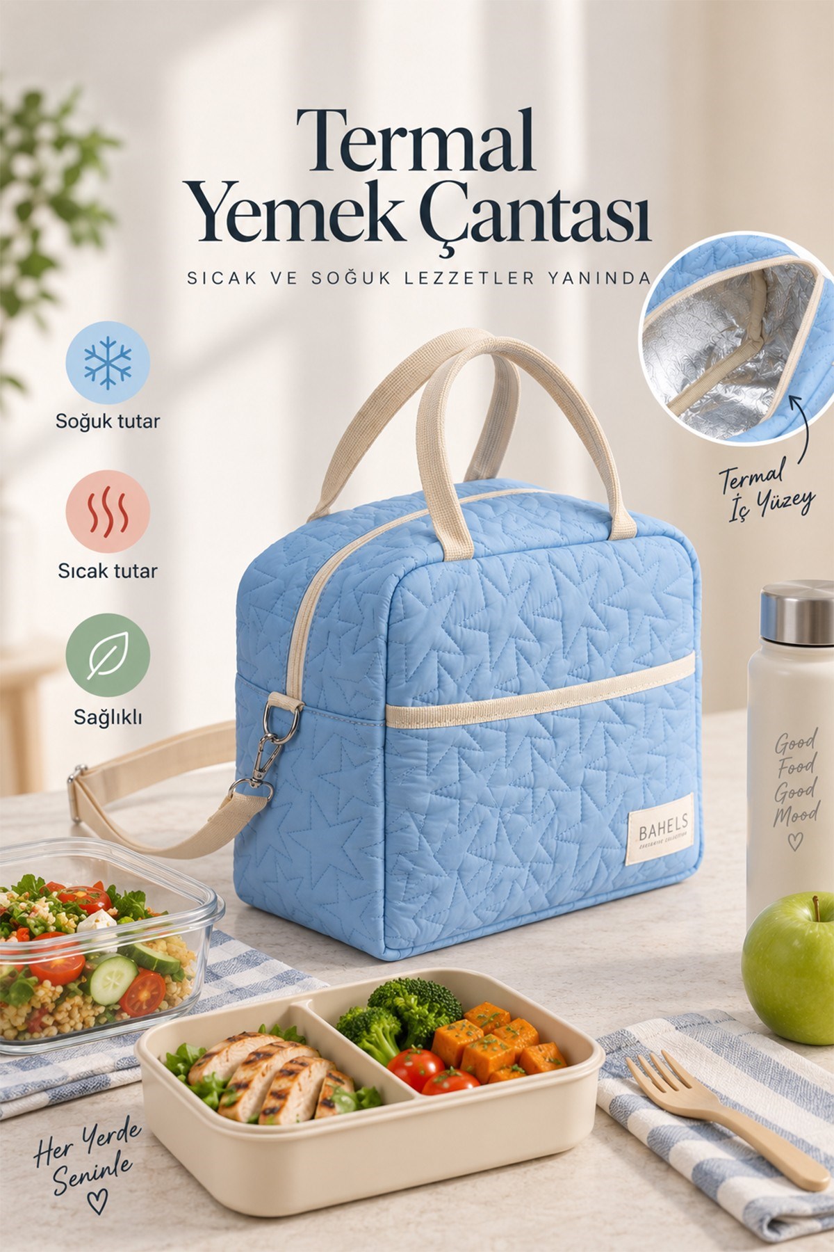Star Puffy Mavi Termal Çanta Yemek Taşıma Beslenme Çantası Isı Yalıtımlı Askılı Çanta