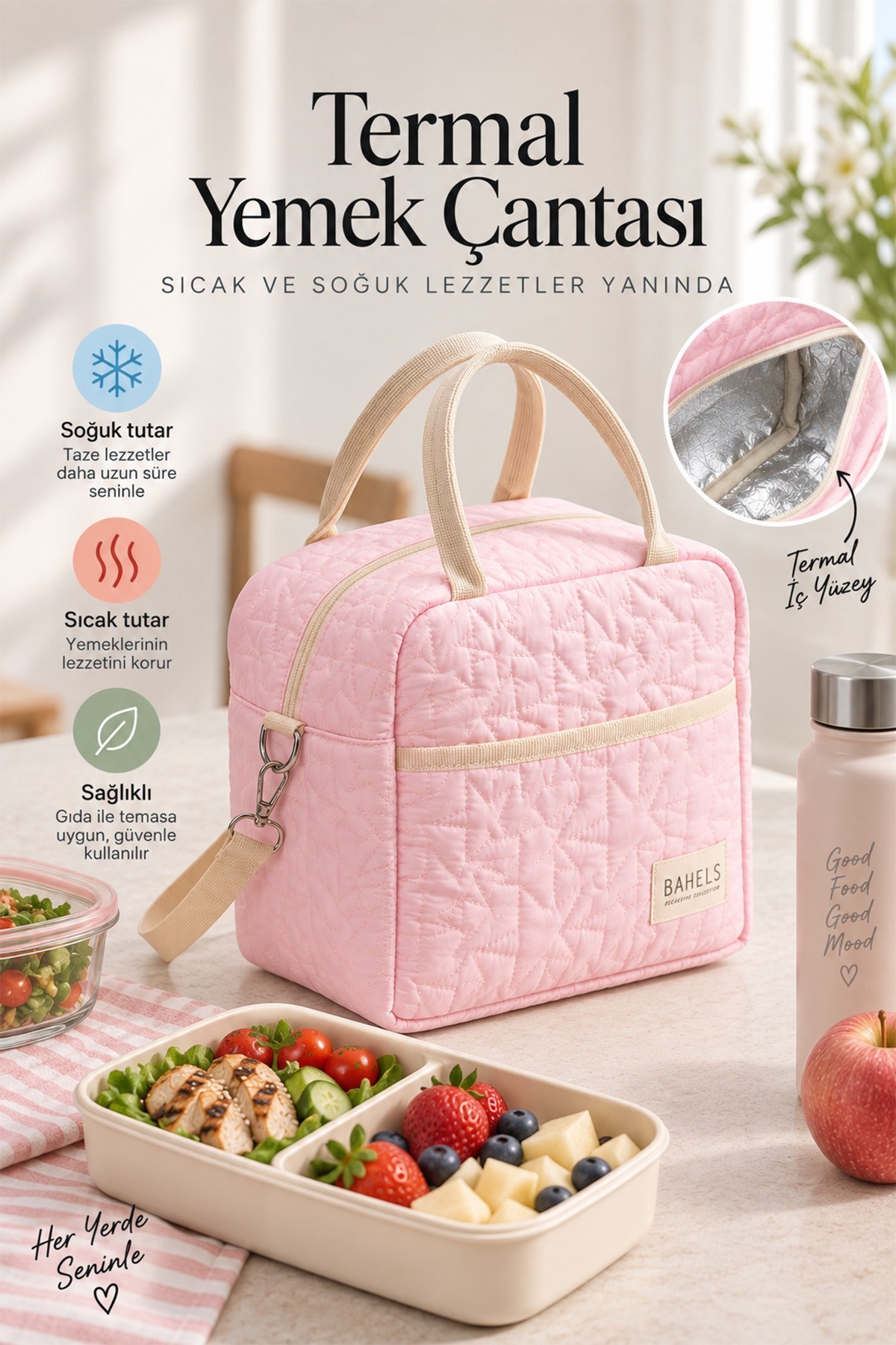 Star Puffy Pembe Termal Çanta Yemek Taşıma Beslenme Çantası Isı Yalıtımlı Askılı Çanta