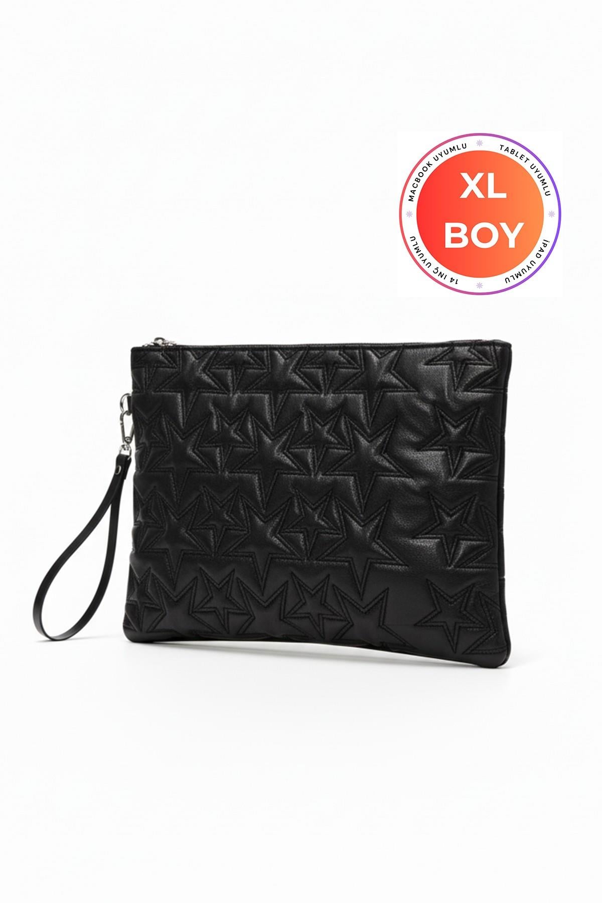 Yıldız Desenli Siyah XL Macbook ve Tablet Uyumlu Portföy Çanta