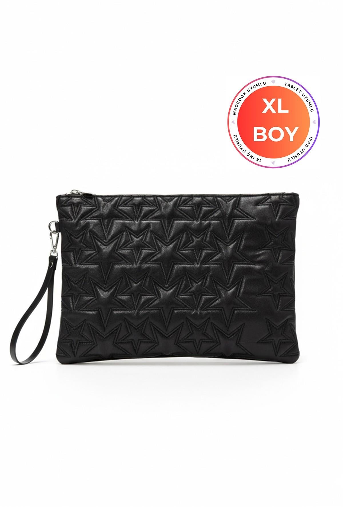 Yıldız Desenli Siyah XL Macbook ve Tablet Uyumlu Portföy Çanta