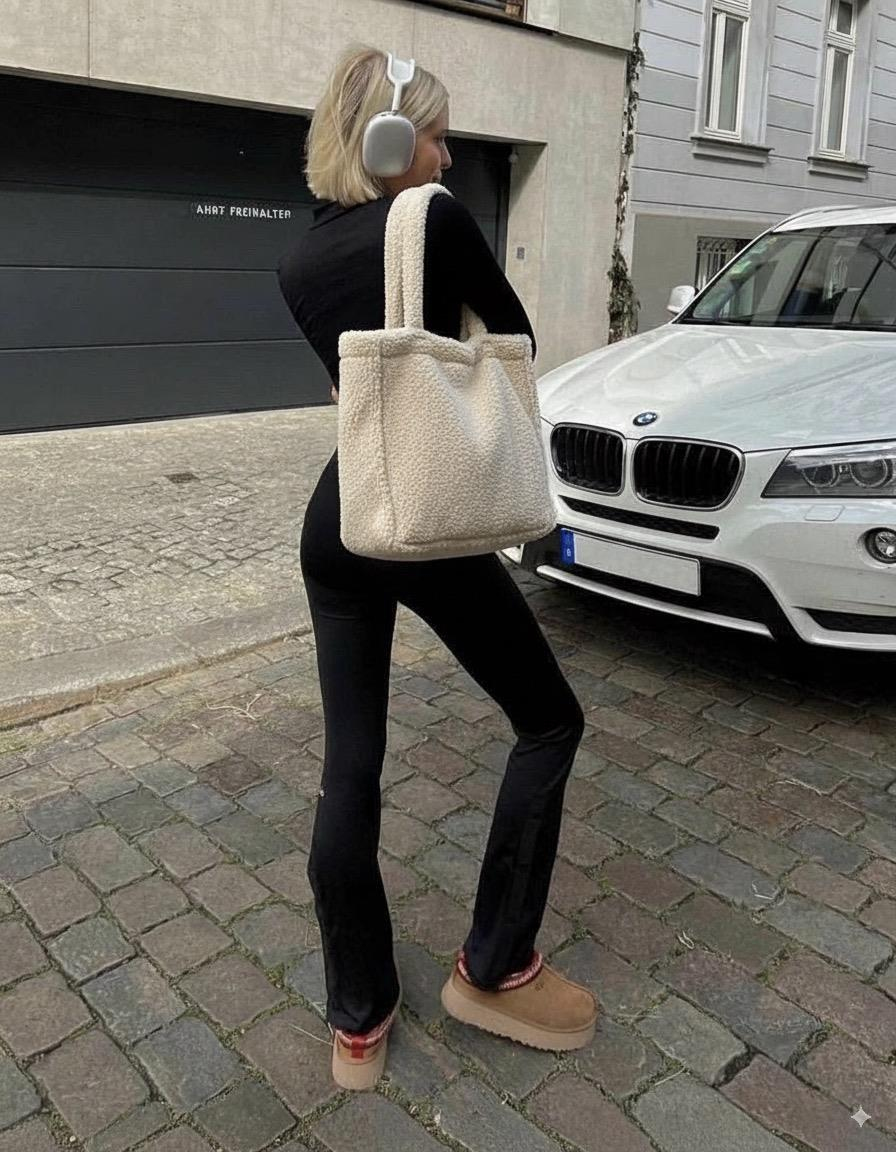 Teddy Peluş Bej Tote Bag Omuz Çantası